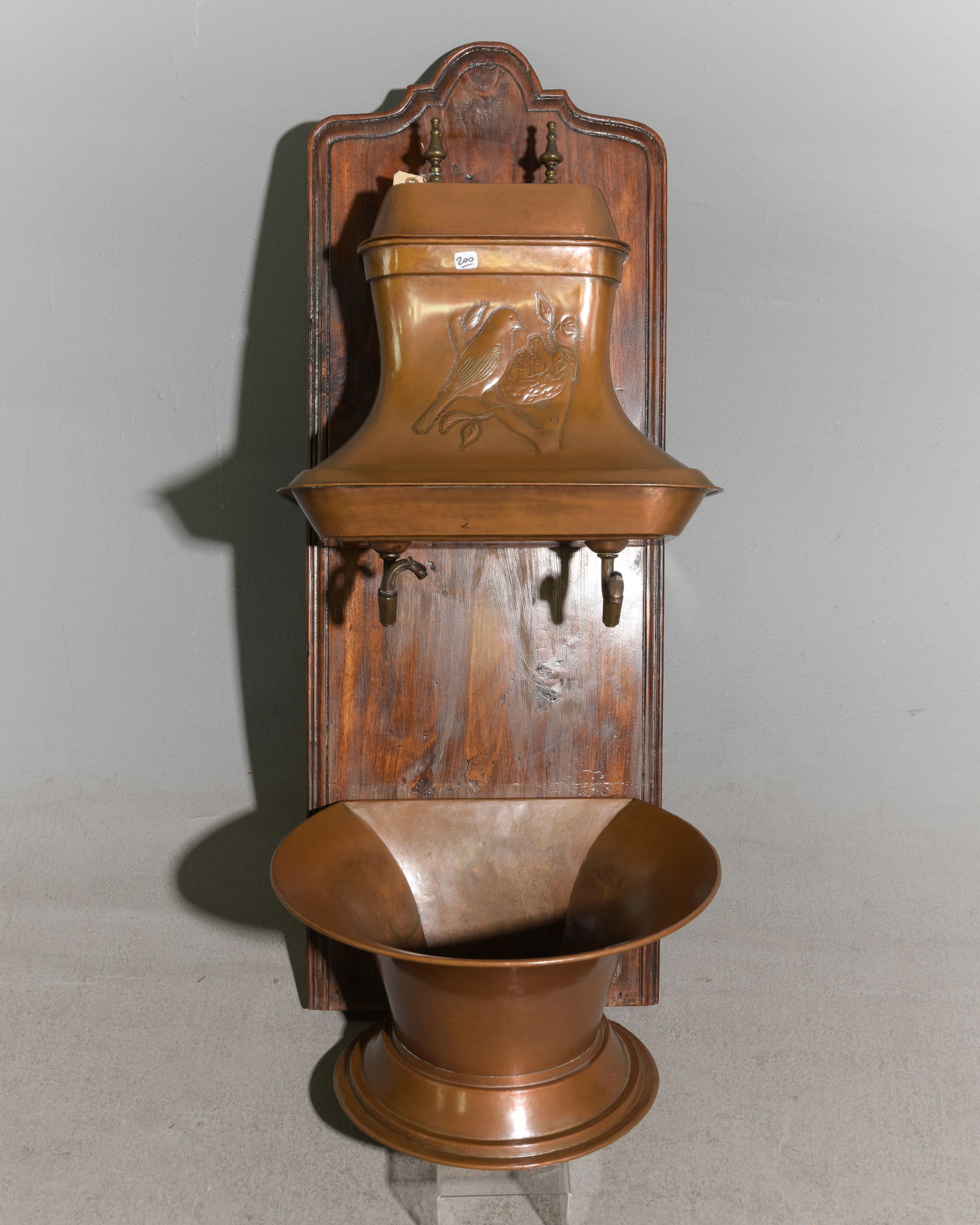 French Copper Lavabo / Water Font on Oak Board: French Copper Lavabo / Water Font on Oak Board - 41 in tall x 15.25 x 16