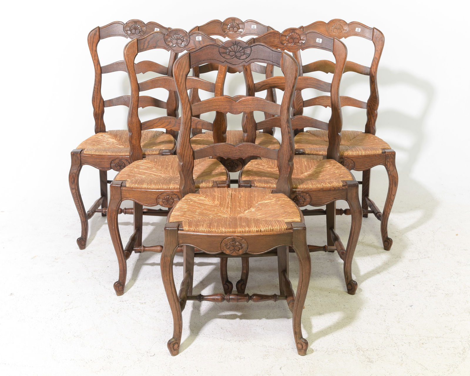 Louis XV Style Set of 6 Oak Rush Seat Chairs: French Louis XV Style Set of 6 Oak Rush Seat Chairs - 38 in tall x 17.5 x 19 each with a seat height of 18 inches