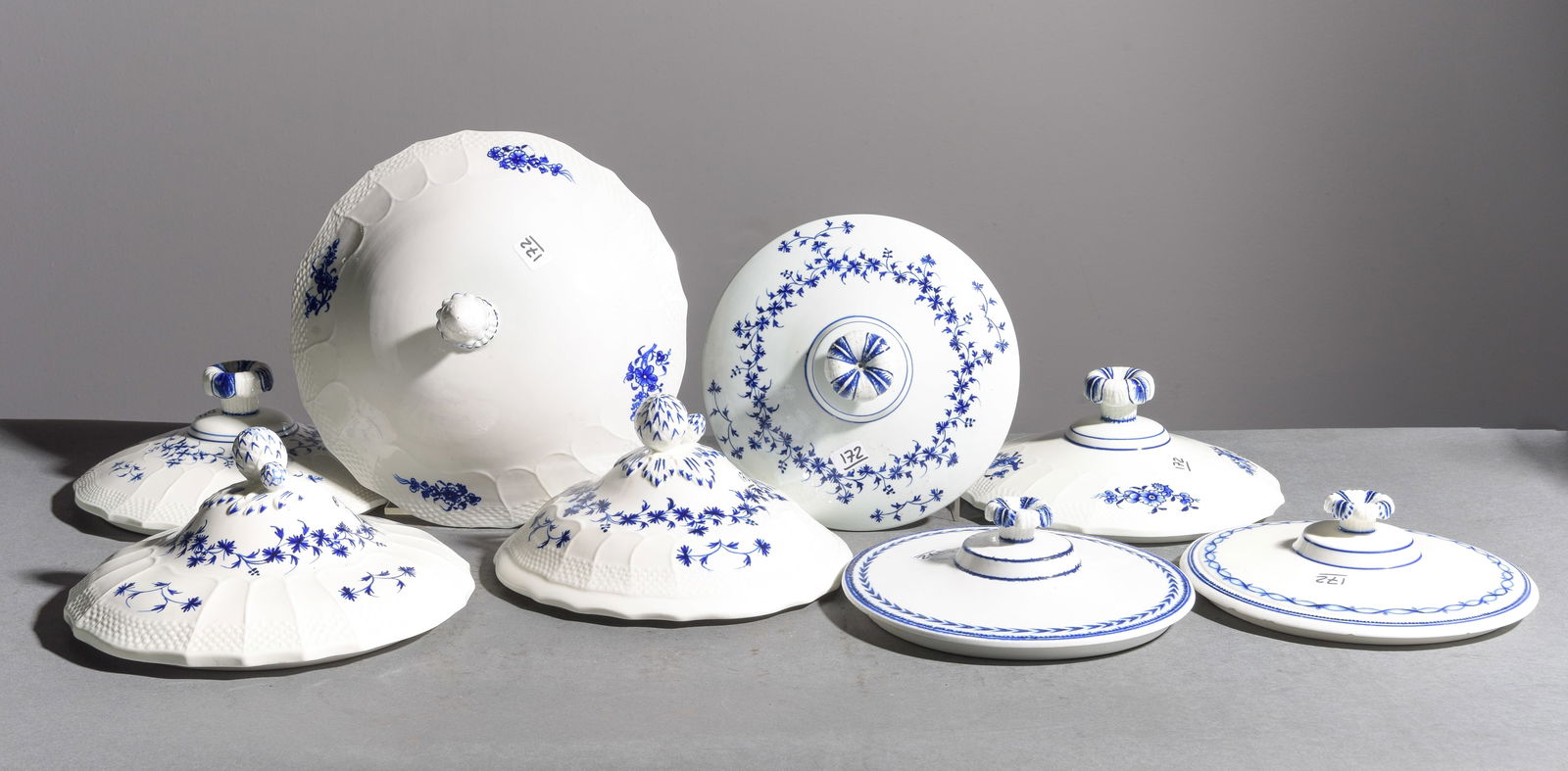 8 Assorted French Tureen Lids / Covers: 8 Assorted French Blue & White Tureen Lids / Covers - Largest is 5 in tall x 10 inch diameter