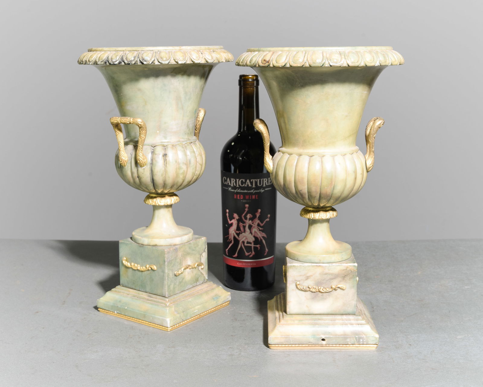 French Empire Style Pair of Green Marble Vases: French Empire Style Pair of Green Marble Vases - 12 in tall x 8 x 8