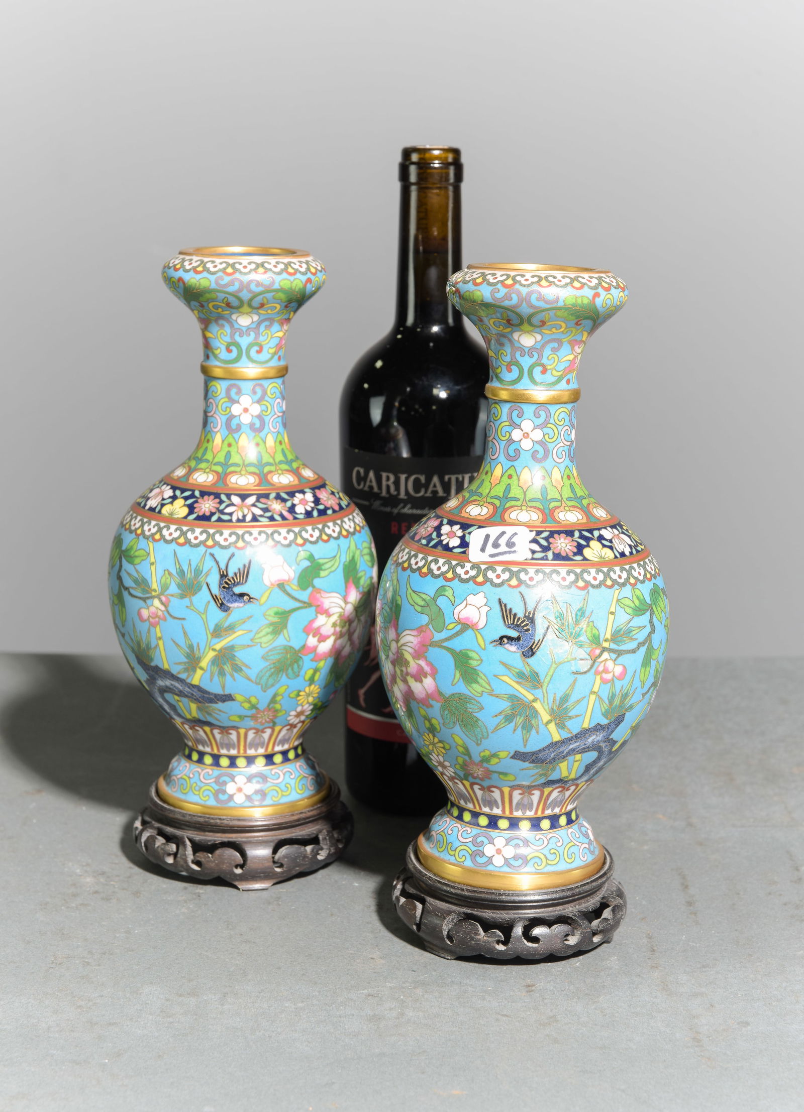 2 Cloisonne Vases on Wood Stands: 2 Cloisonne Vases on Wood Stands - 10 in tall x 4 inch diameter each