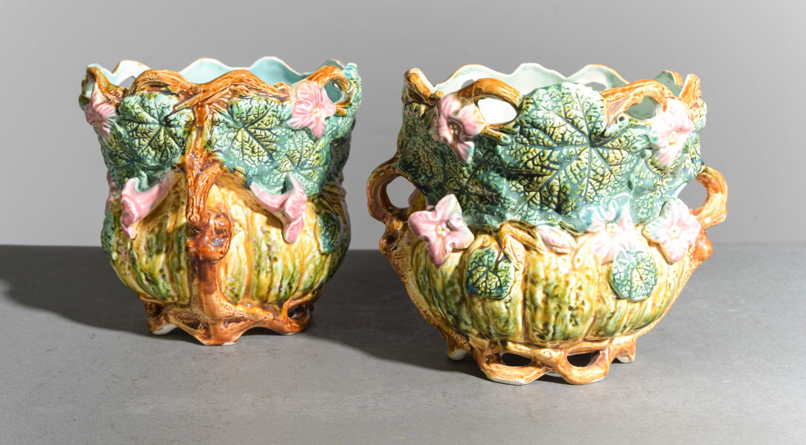 Pair of Onnaing Majolica Jardiniere / Planters: Pair of Onnaing Majolica Jardiniere / Planters - 8.75 in tall x 11 x 9