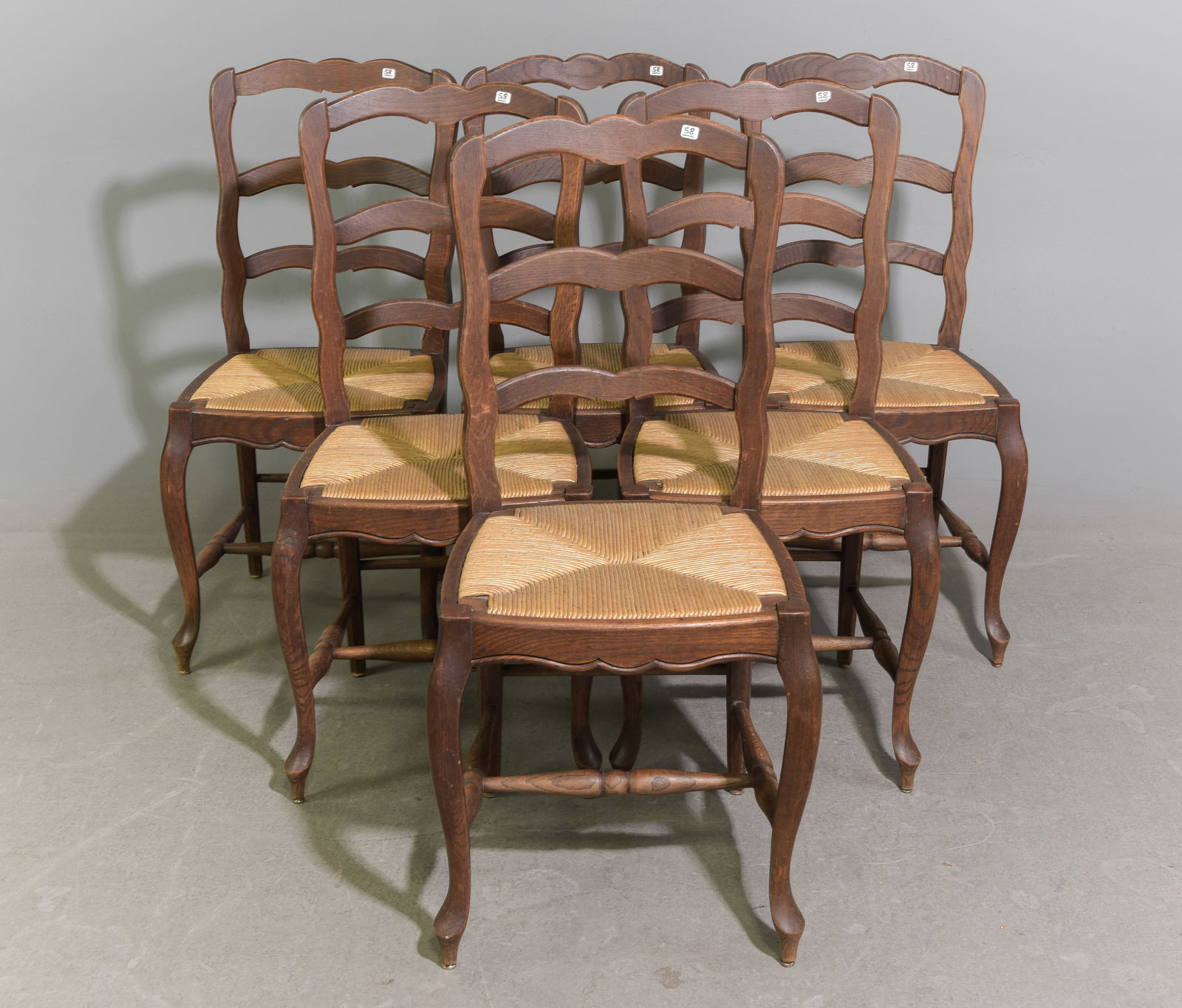 Louis XV Style Set of 6 Oak Rush Seat Chairs: French Louis XV Style Set of 6 Oak Rush Seat Chairs - 38 in tall x 17 x 15, seat height is 18 in