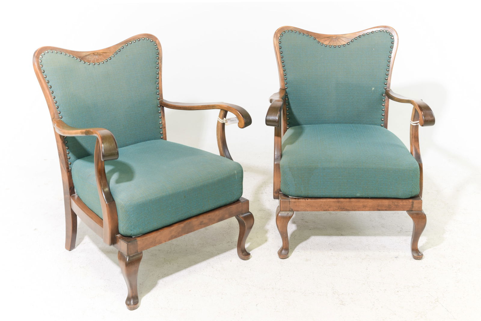 Danish Oak Pair of Upholstered Low Arm Chairs: Danish Oak Pair of Upholstered Low Arm Chairs - 33 in tall x 24 x 23 each with a seat height of 15 inches