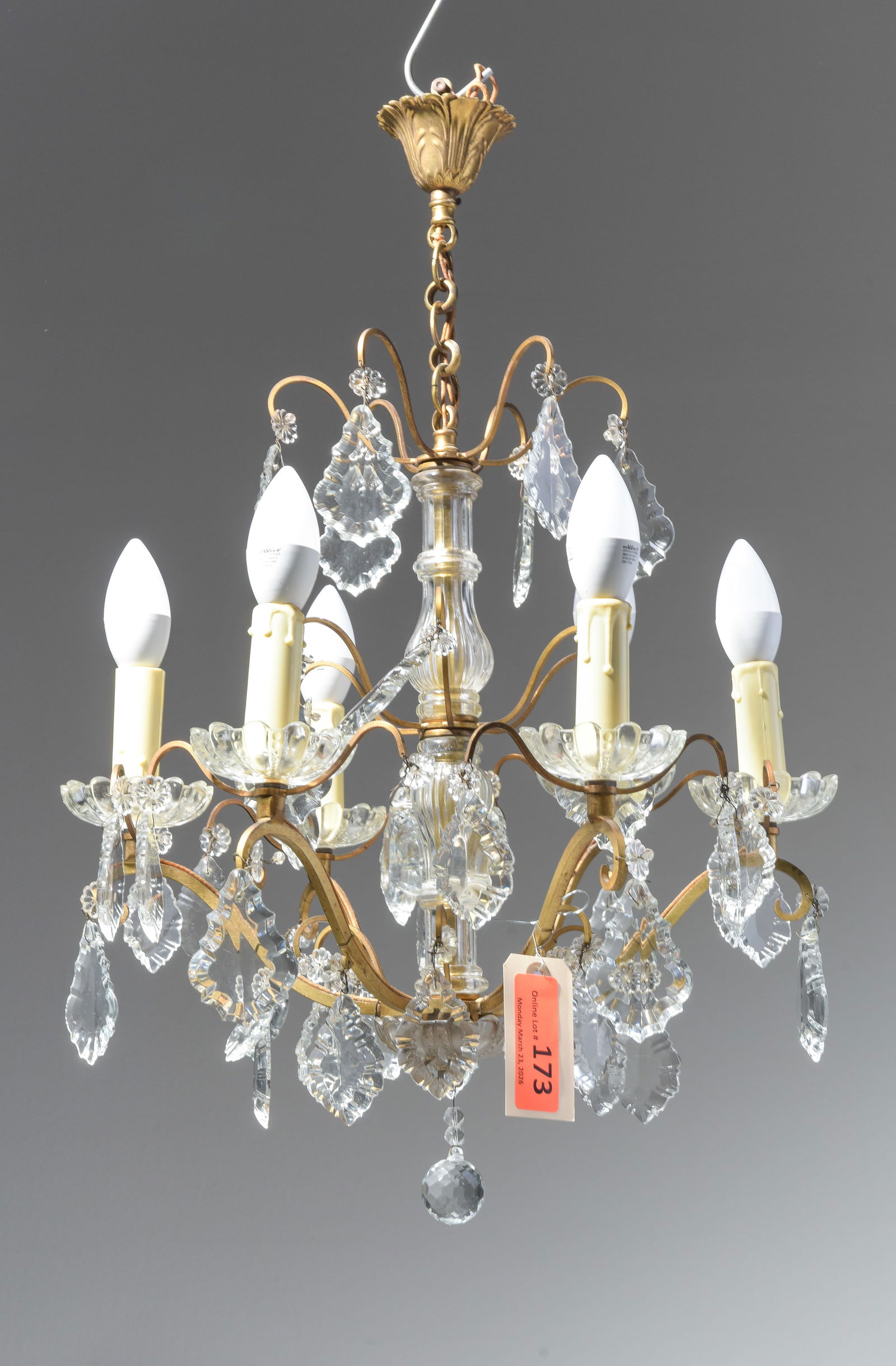 French Brass & Glass 6 Light Chandelier: French Small Brass & Glass 6 Light Chandelier - 16 in tall x 15 x 15