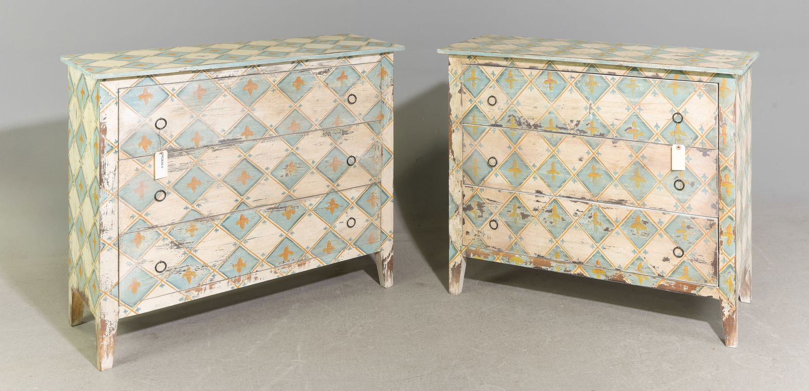 European Style Pair of Painted Three Drawer Chests: European Style Pair of Painted Three Drawer Chests / Bedsides - 34.25 in tall x 40 x 16 each