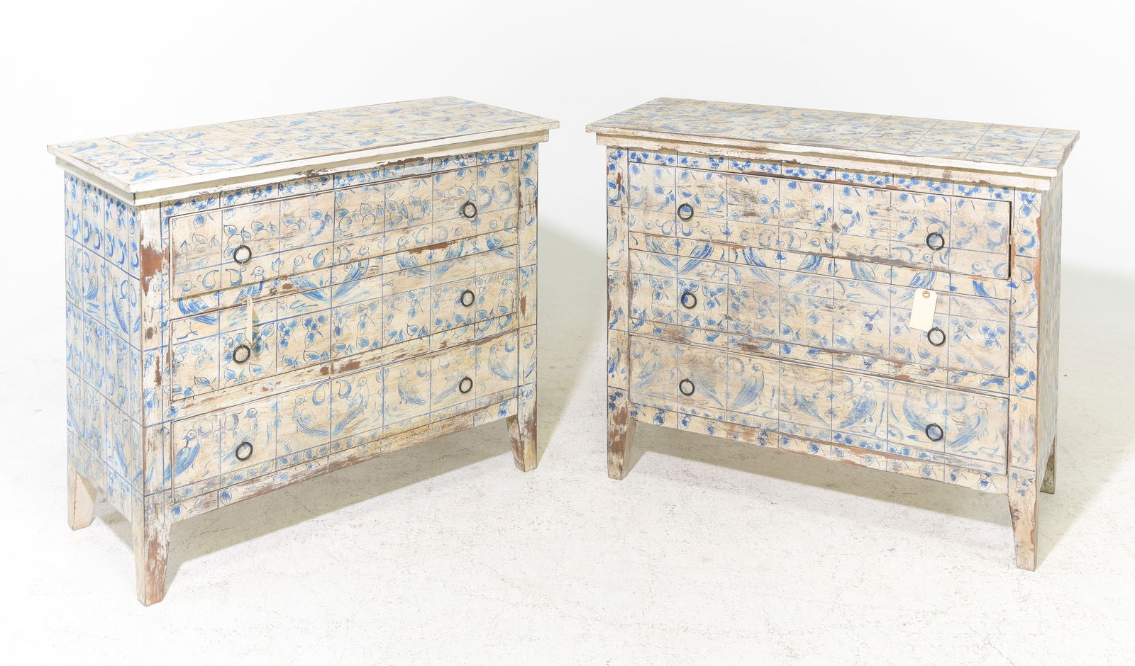 European Style Pair of Blue & White Three Drawer Chests: European Style Pair of Blue & White Painted Three Drawer Chests / Bedsides - 30 in tall x 36.25 x 16 each