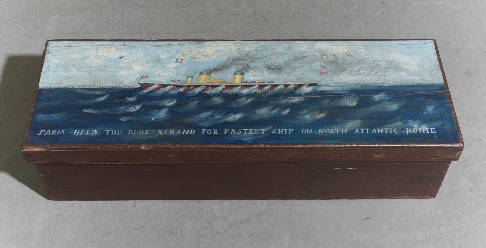 Antique Oak Hand Painted Box with Ship: Antique Oak Hand Painted Box with Ship - 9 in tall x 36.5 x 13