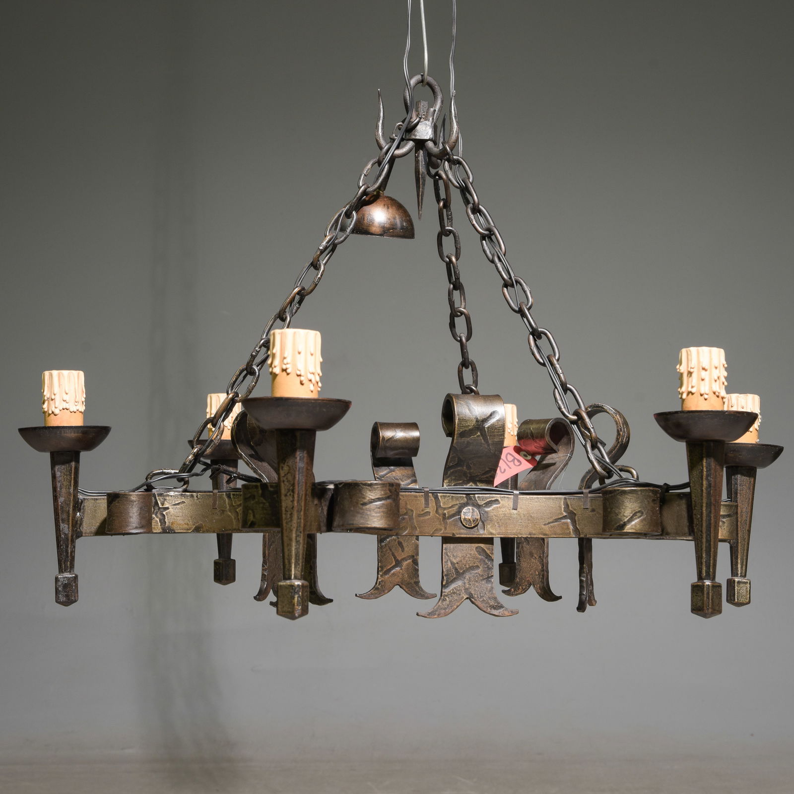 French Heavy Iron Six Light Chandelier: French Heavy Iron Six Light Chandelier - 23 in tall x 33 inch diameter