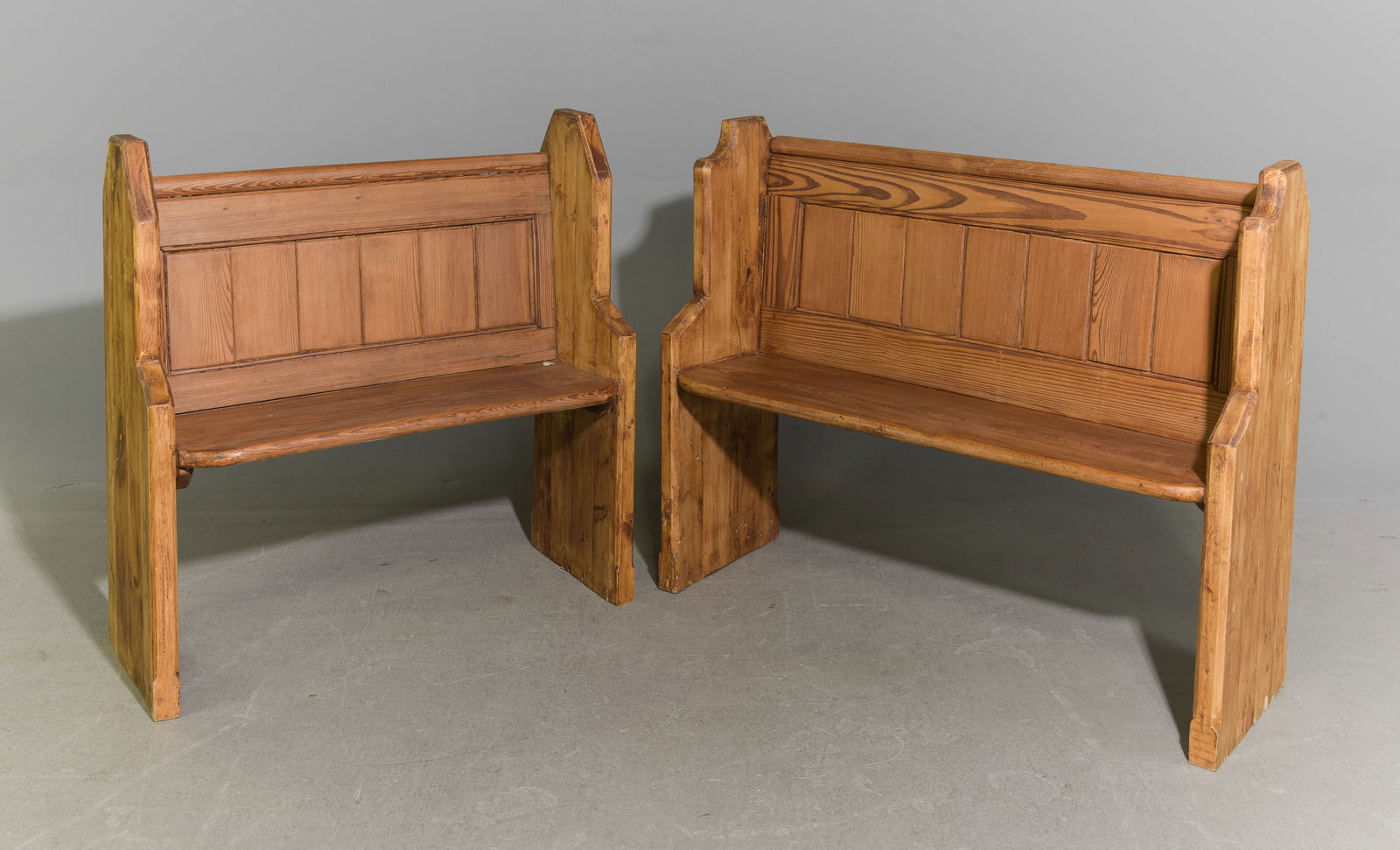 2 British Pine Church Pews / Benches: 2 British Pine Church Pews / Benches - 38 in tall x 37 x 17 with a seat height of 18 inches and 37 in tall x 45.5 x 16 with a seat height of 18 inches
