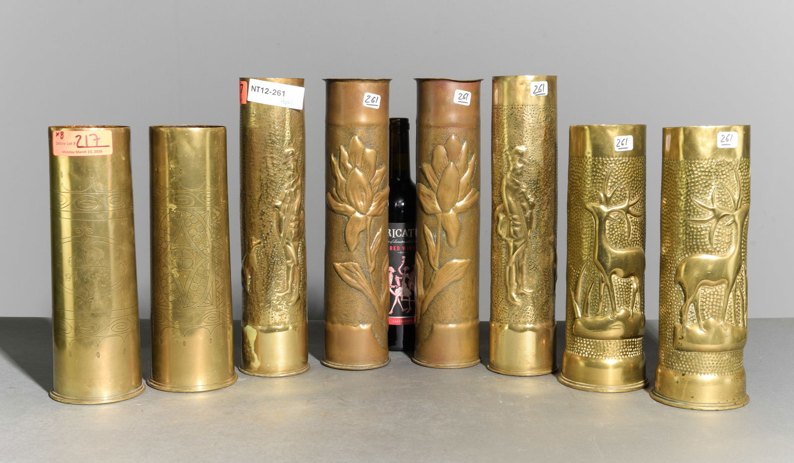 4 Pairs of Brass Trench Art Vases #1: 4 Pairs of Brass Trench Art Vases - Largest is 13.75 in tall x 3.5 in diameter