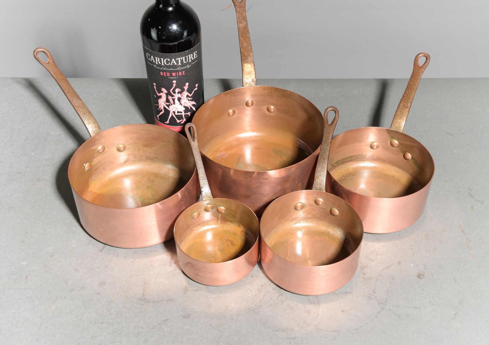 French Set of 5 Graduated Copper Sauce Pans #2: French Set of 5 Graduated Copper Sauce Pans - Largest is 7 in tall x 13.5 x 7