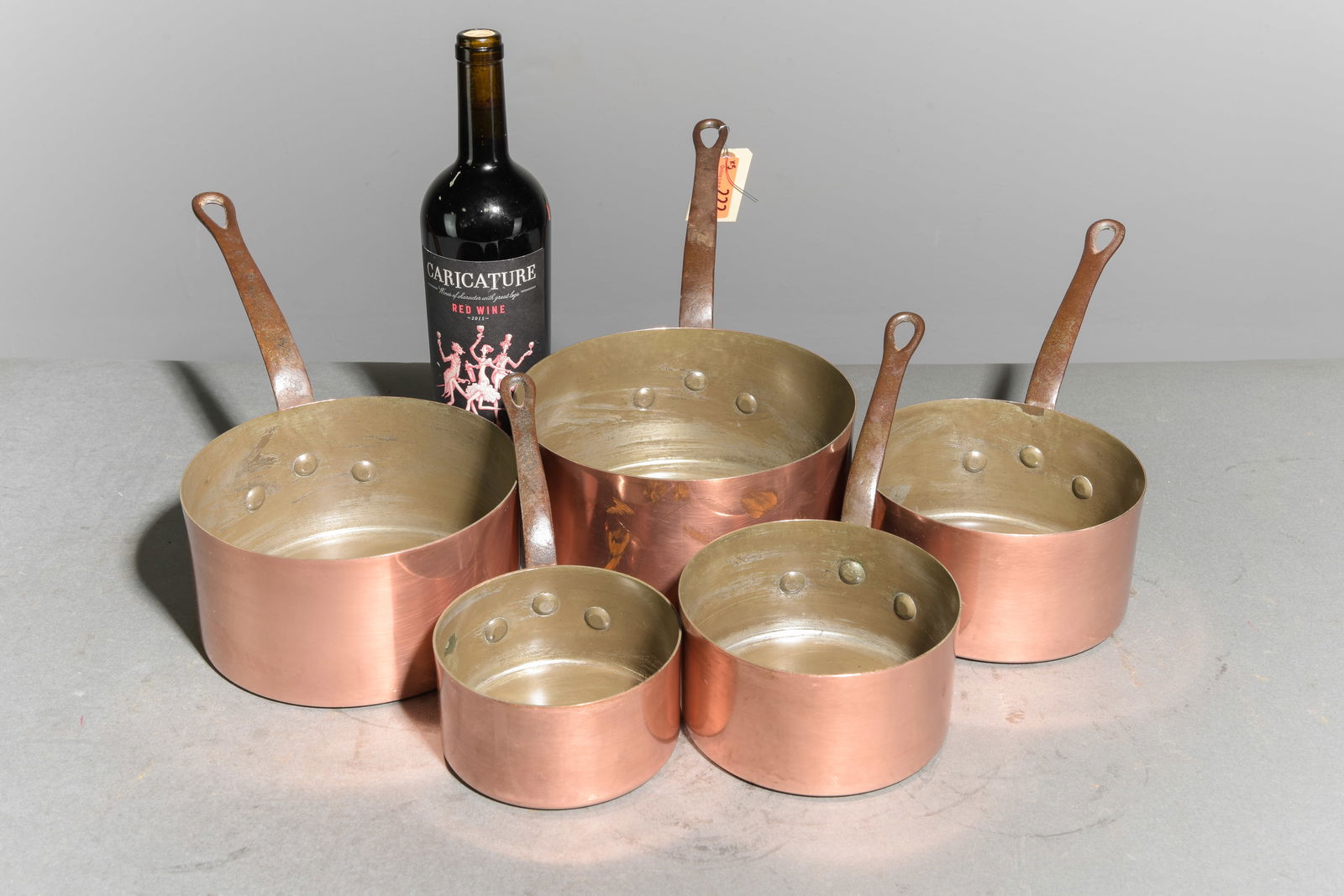 French Set of 5 Graduated Copper Sauce Pans #3: French Set of 5 Graduated Copper Sauce Pans - Largest is 7.5 in tall x 16 x 8