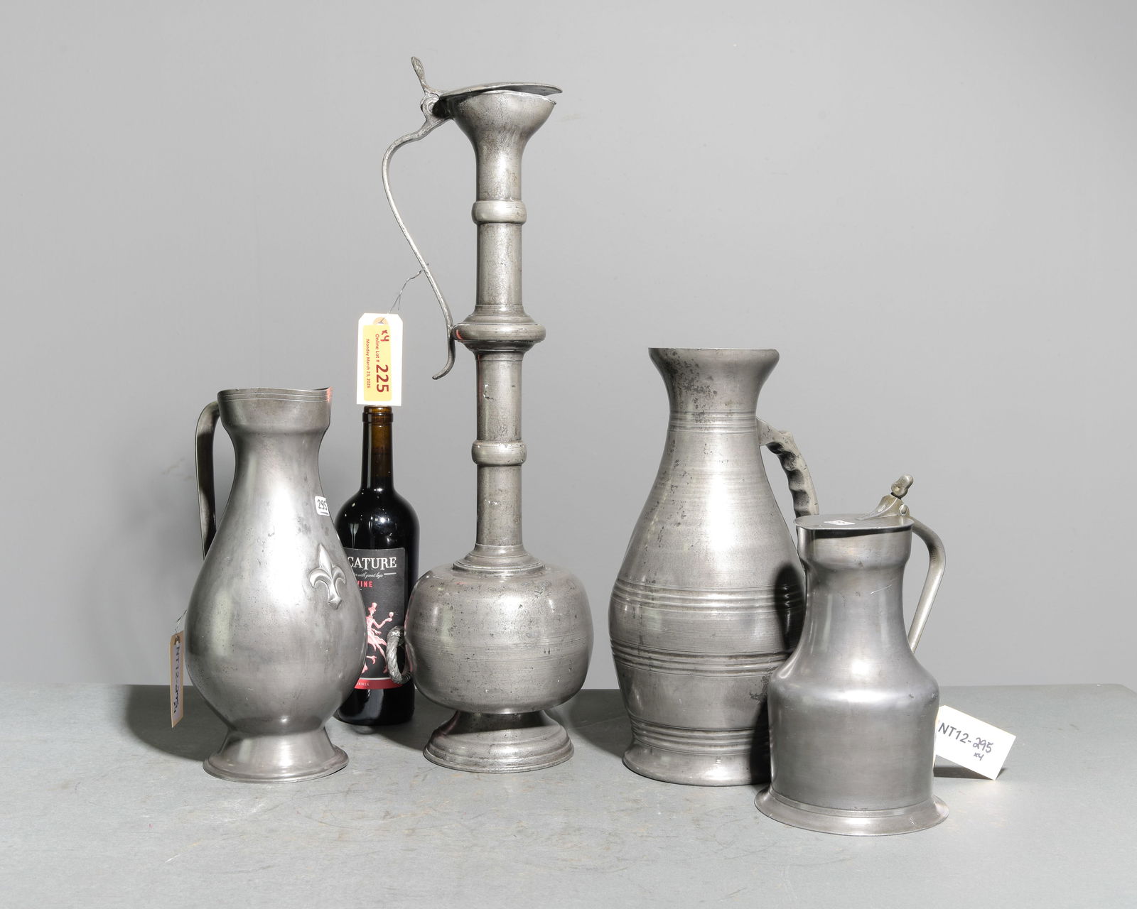 4 Assorted French Pewter Pitchers: 4 Assorted French Pewter Pitchers - 24 in tall x 6.5 x 7, 14 in tall x 8 x 7, 12.75 in tall x 5.75 x 6.75 and 10 in tall x 5 x 7