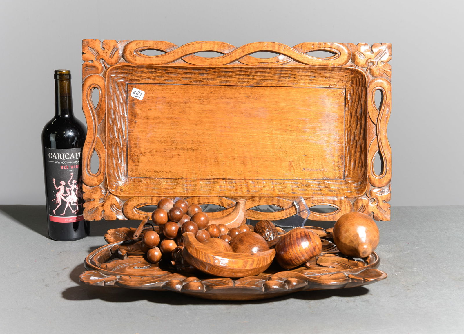 2 Hand Carved Walnut Trays & Assorted Fruit: 2 Hand Carved Walnut Trays & Assorted Fruit - Largest tray is 2 in tall x 21.25 x 12.5