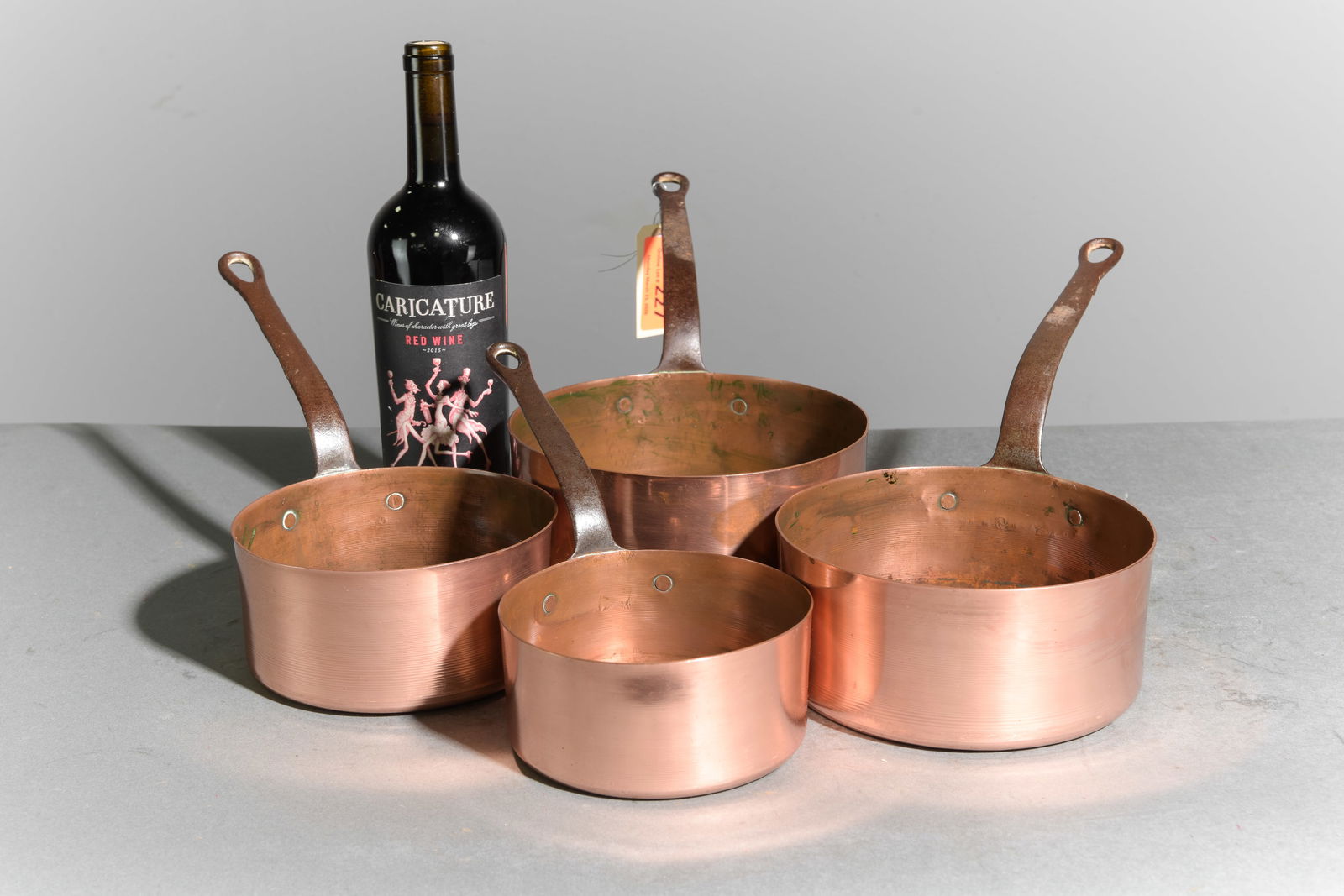 French Set of 4 Graduated Copper Sauce Pans: French Set of 4 Graduated Copper Sauce Pans - Largest is 7.75 in tall x 16.25 x 8
