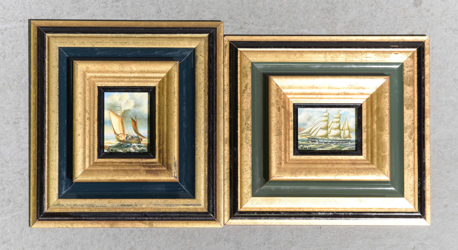 2 Gilded & Painted Petite Oil on Boards - Ships: 2 Gilded & Painted Framed Petite Oil on Boards - These are signed - Ships - Largest is 11 in tall x 10 x 1