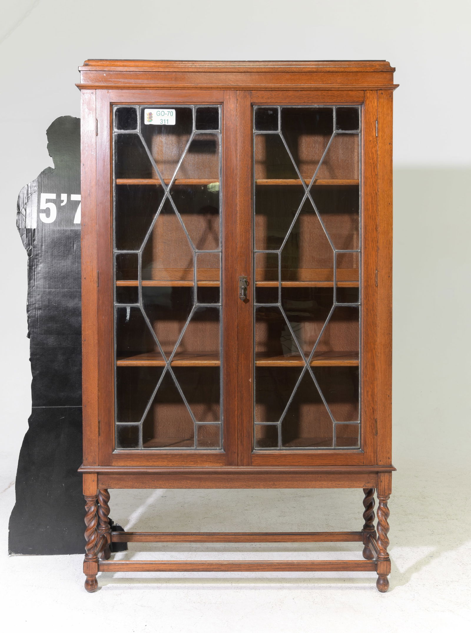 British Oak Leaded Glass Barley Twist Bookcase: British Oak Leaded Glass Barley Twist Bookcase - 70.5 in tall x 41 x 14