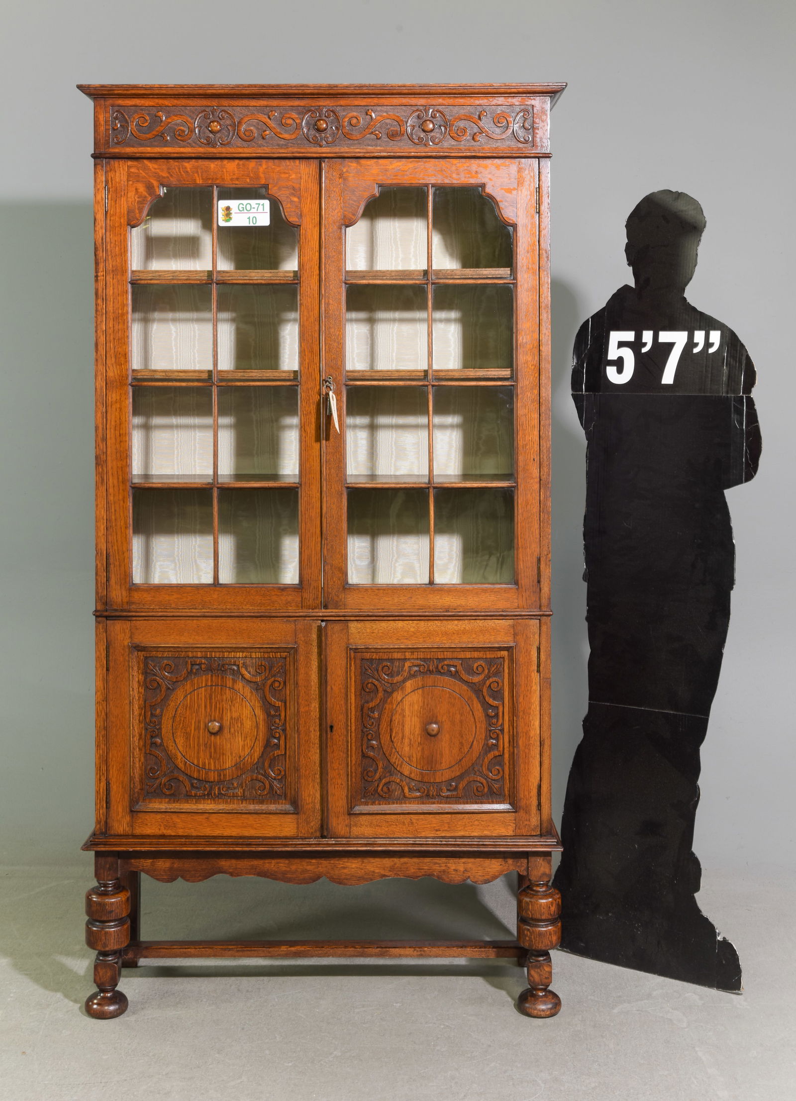 British Tudor Style Oak Double Door Bookcase: British Tudor Style Oak Double Door Bookcase / Cupboard - 73 in tall x 38.25 x 12.5