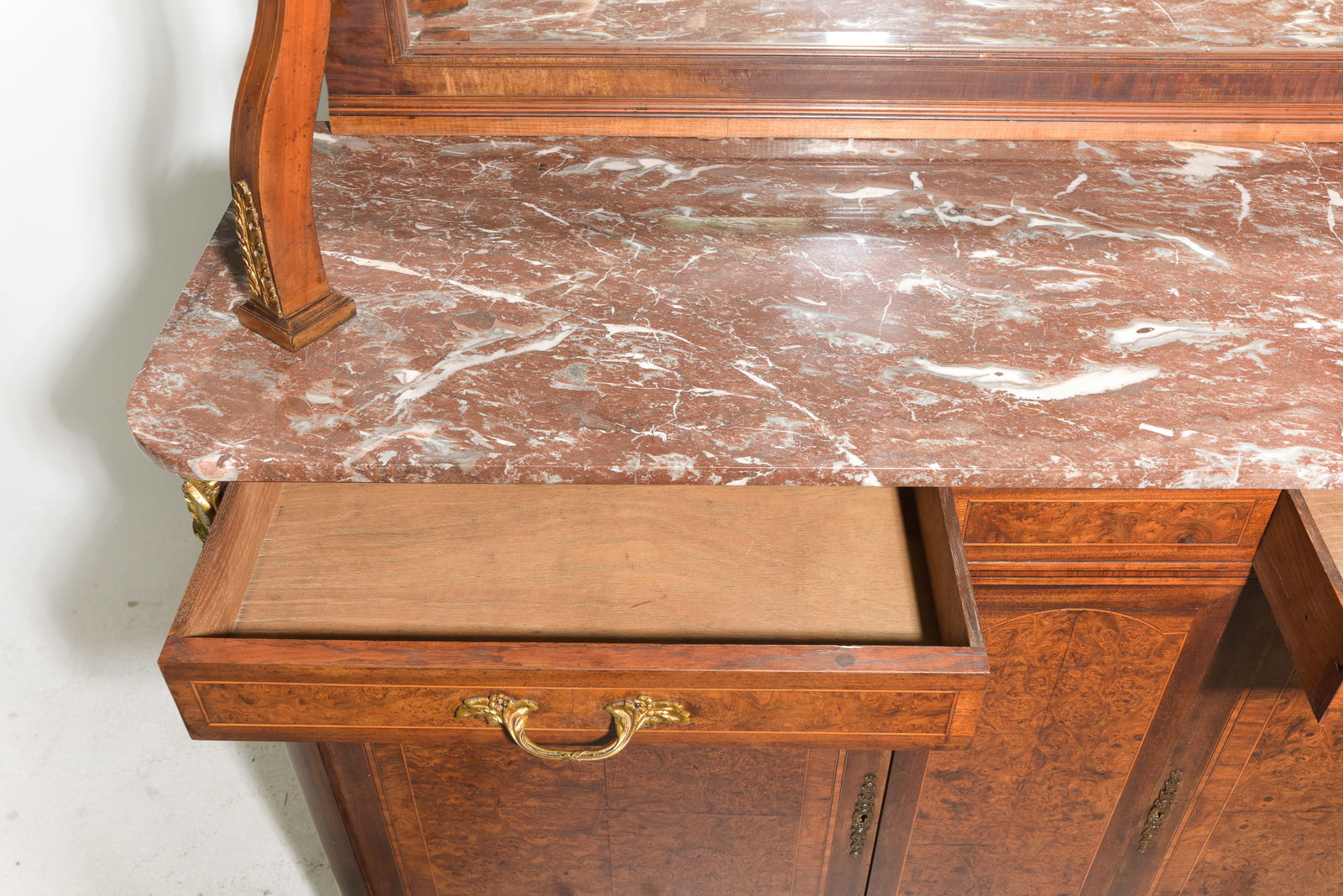 French Burled Walnut Marble Top Buffet - 3