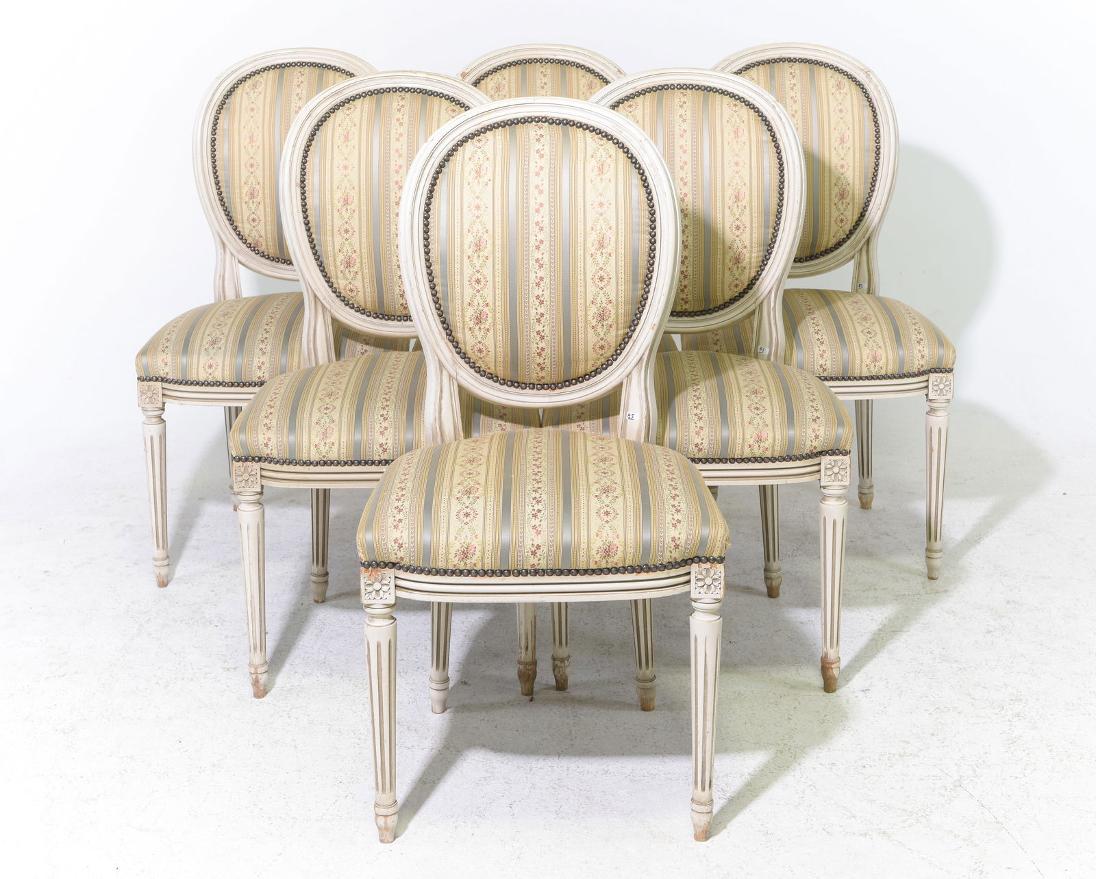 Louis XVI Style Set of 6 Painted Balloon Back Chairs: French Louis XVI Style Set of 6 Painted Balloon Back Chairs - 37 in tall x 19 x 20 each with a seat height of 18 inches