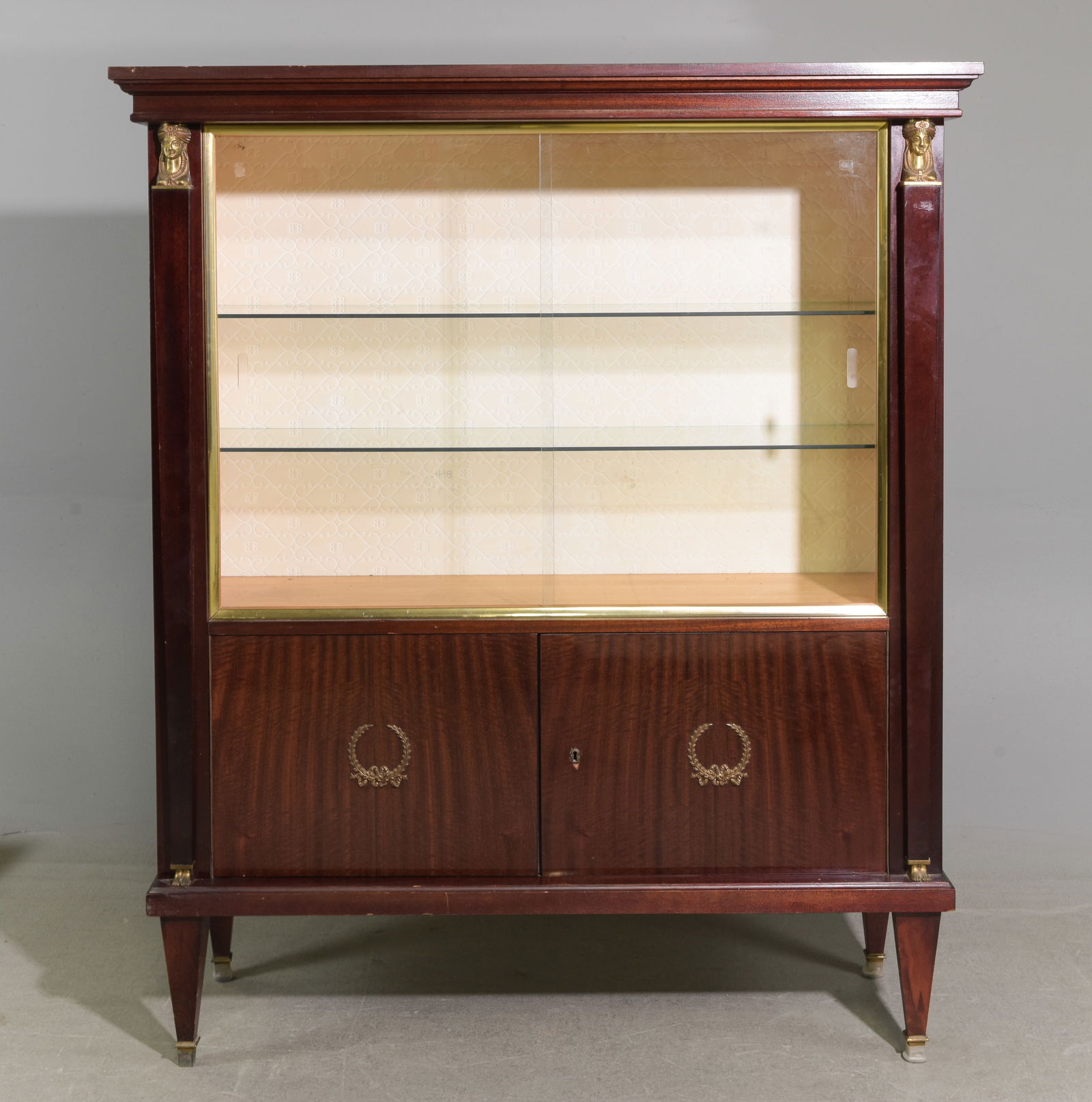 French Empire Style Mahogany Cocktail Cabinet: French Empire Style Mahogany Cocktail / Display Cabinet / Showcase - 61 in tall x 51.5 x 18