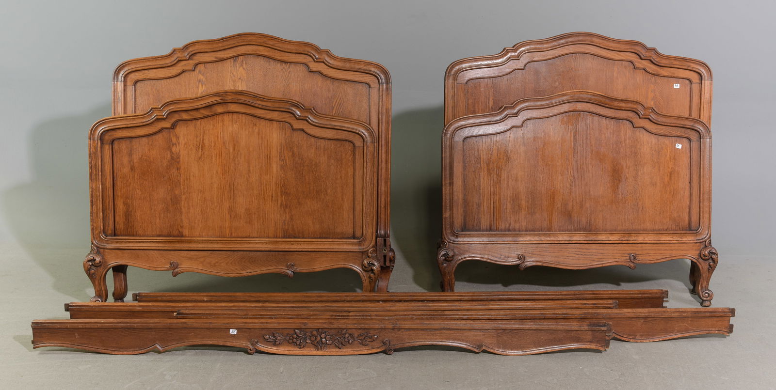 Louis XV Style Pair of Oak "Twin" Beds with Rails: French Louis XV Style Pair of Oak "Twin" Beds with Rails - Headboards are 42 in tall x 42 x 4 each, Rails are 78 inches long each - These beds are a European size which can usually be converted to an