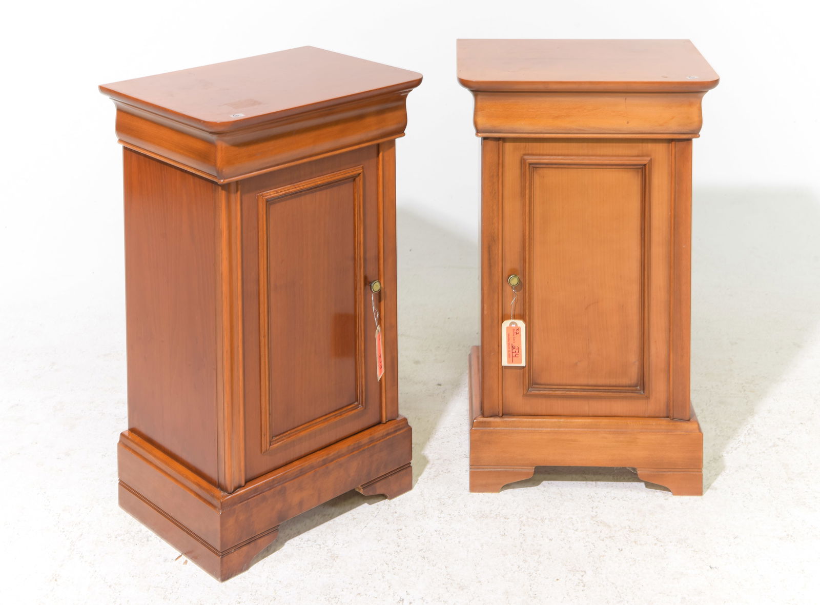 Louis Philippe Style Pair of Cherry Nightstands: French Louis Philippe Style Pair of Cherry Left & Right Nightstands / Occasional Cabinets - 28.5 in tall x 17.5 x 13.5 each