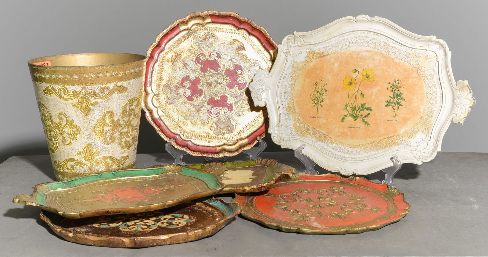 7pcs - 6 Florentine Style Trays & 1 Bucket / Bin: 7pcs - 6 Florentine Style Trays & 1 Bucket / Bin - The bucket / bin is 10.5 in tall x 9.75 inch diameter and the largest tray is 1.25 in tall x 19.5 x 13.5