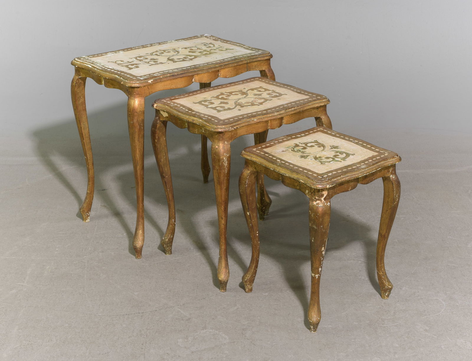 Florentine Gold & White Nest of 3 Tables: Florentine Gold & White Nest of 3 Tables - 23 in tall x 21.5 x 14.5, 20 in tall x 17 x 13 and 17.25 in tall x 12.5 x 12.5