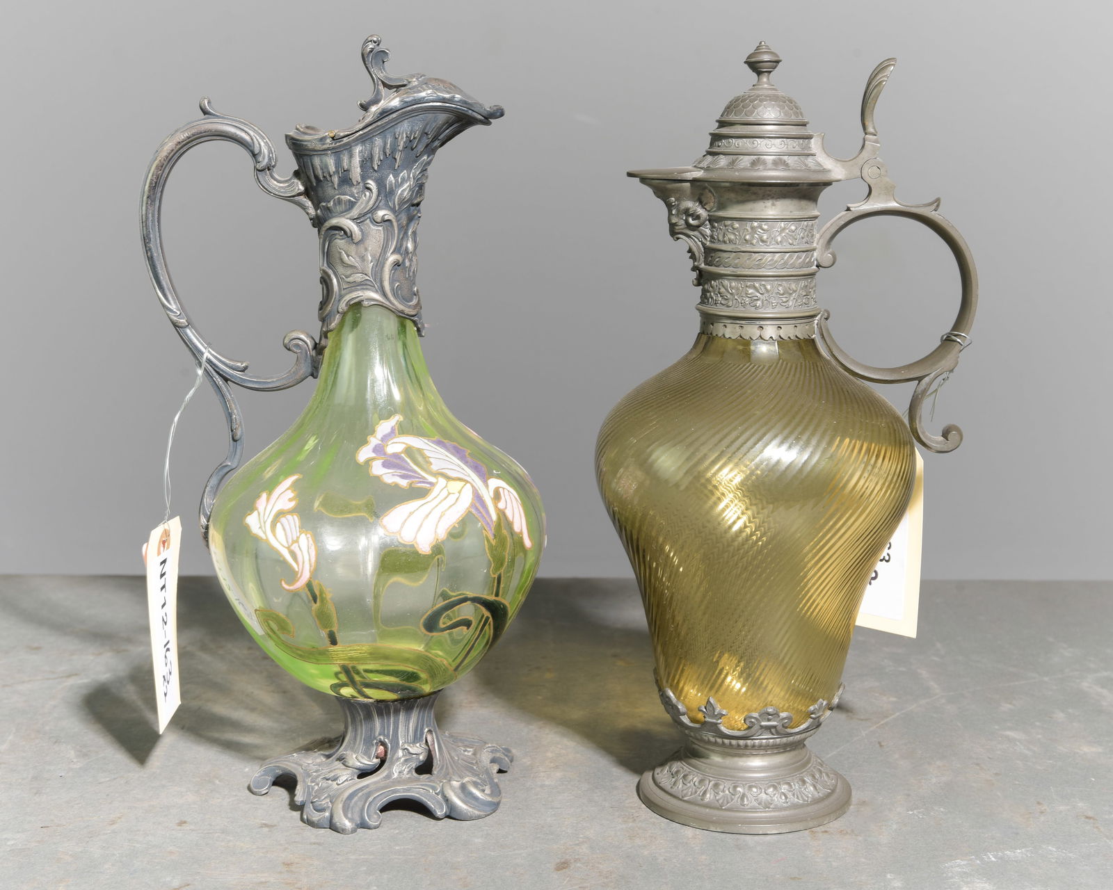 2pcs - Art Nouveau Enameled Glass Dacanter & 1 Other: 2pcs - Art Nouveau Enameled Glass Dacanter / Claret Jug & 1 Other - 11 in tall x 6 x 5