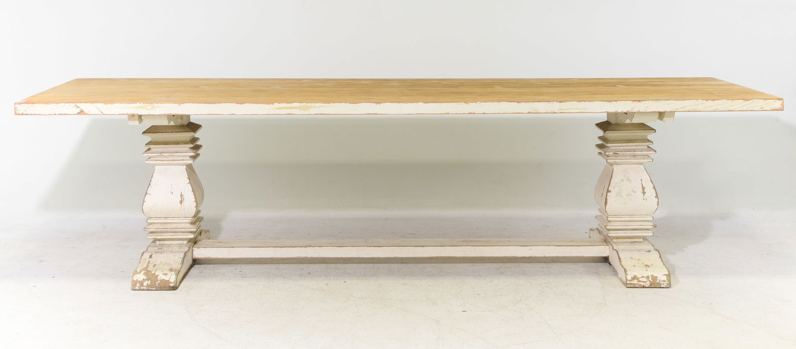 Monumental Farmhouse Dining Table with Painted Base: Monumental Farmhouse Dining Table with Painted Base - 30.5 in tall x 118.25 x 39.25, Floor to under is 28.25 and the space between the legs is 69.5 inches