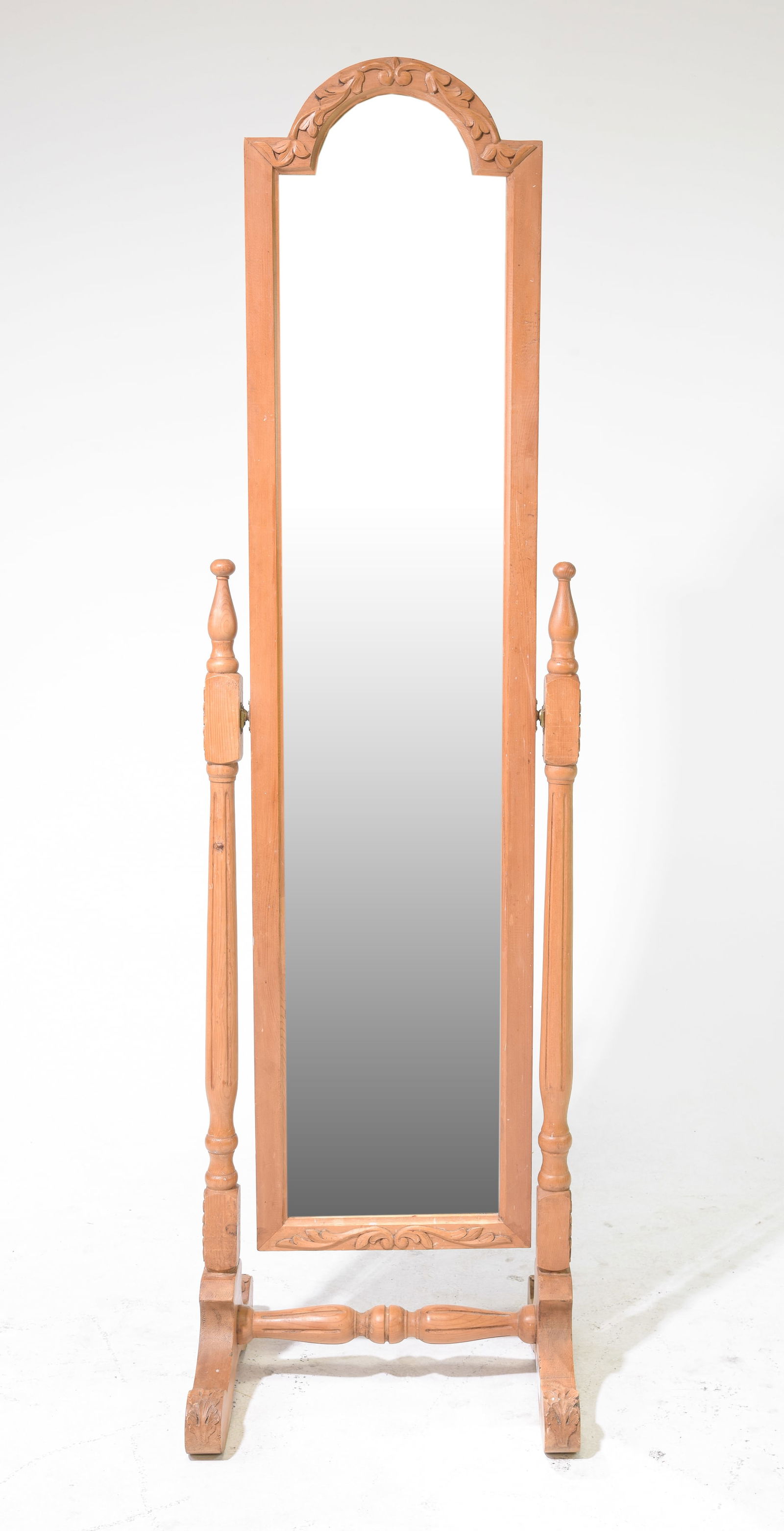 British Pine Carved Cheval Mirror: British Pine Carved Cheval Mirror - 66 in tall x 18.75 x 15