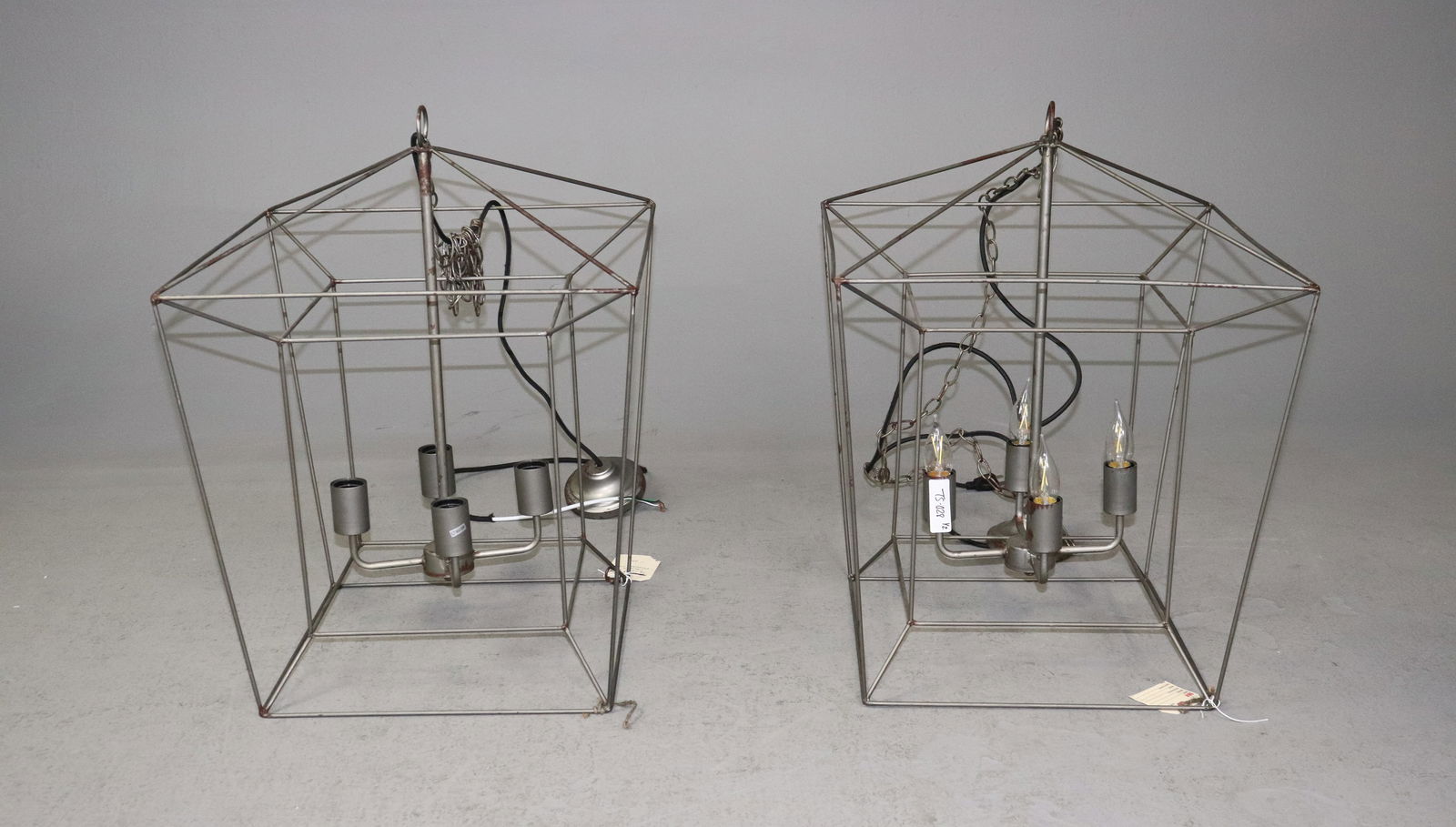 Pair Of Industrial Style 4 Light Chandeliers: Pair Of Industrial Style 4 Light Chandeliers - 26.5 in tall x 20 x 20