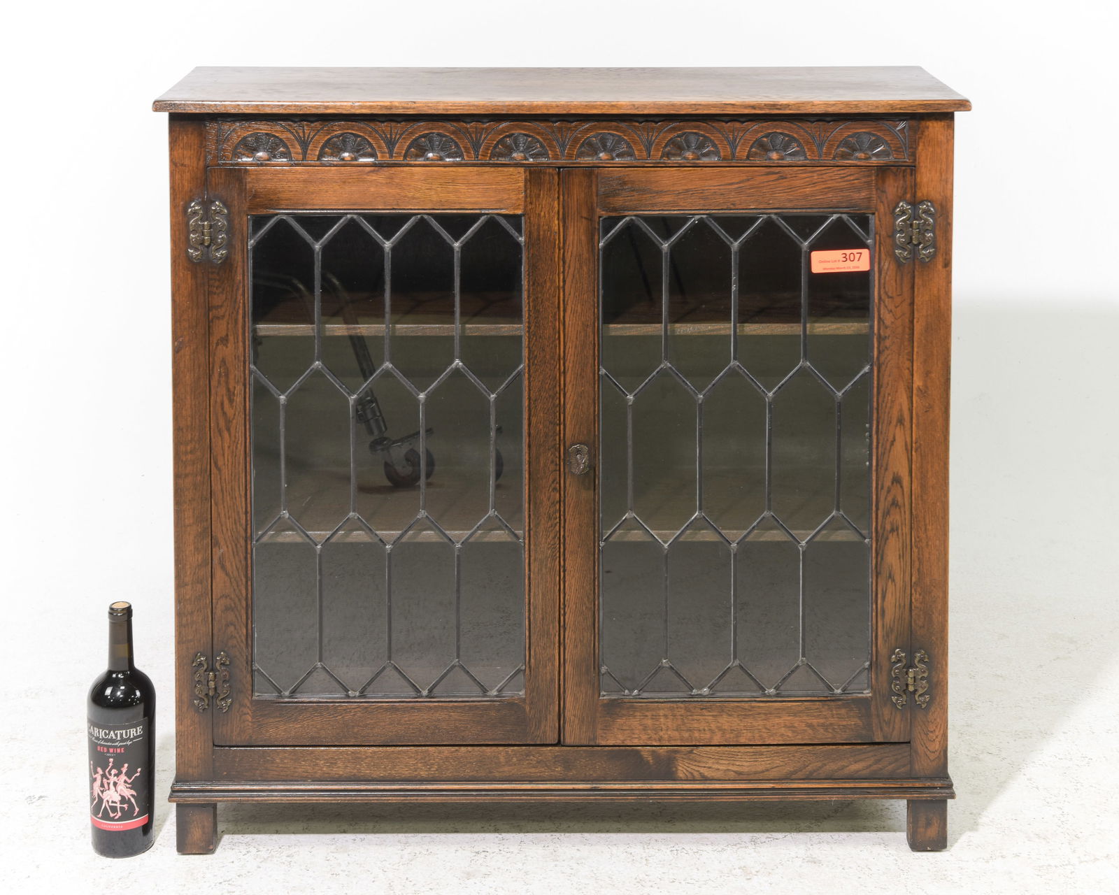 British Oak Leaded Glass Double Door Bookcase: British Oak Leaded Glass Double Door Bookcase - 36.25 in tall x 37.25 x 13