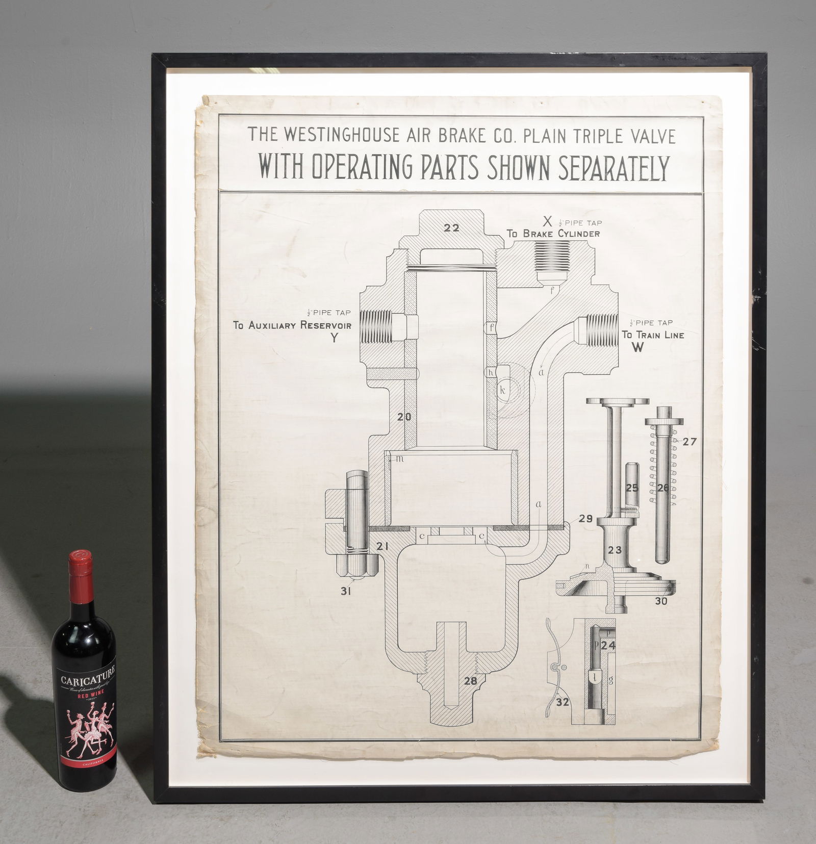 Framed Westinghouse Air Brake Diagram #1: Framed Westinghouse Plain Triple Valve Air Brake Diagram - 37 in tall x 30 x 1.5