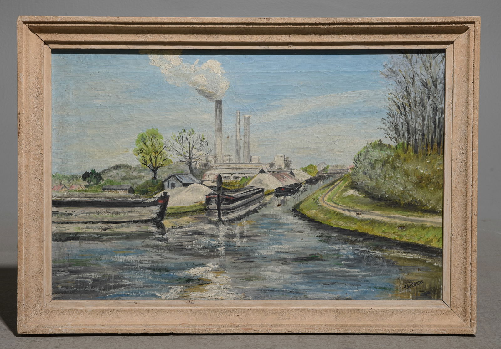 Framed Oil on Canvas Industrial Landscape: Framed Oil on Canvas Industrial Landscape - 19.25 in tall x 28 x 1.5, The work itself is 16 x 24.75