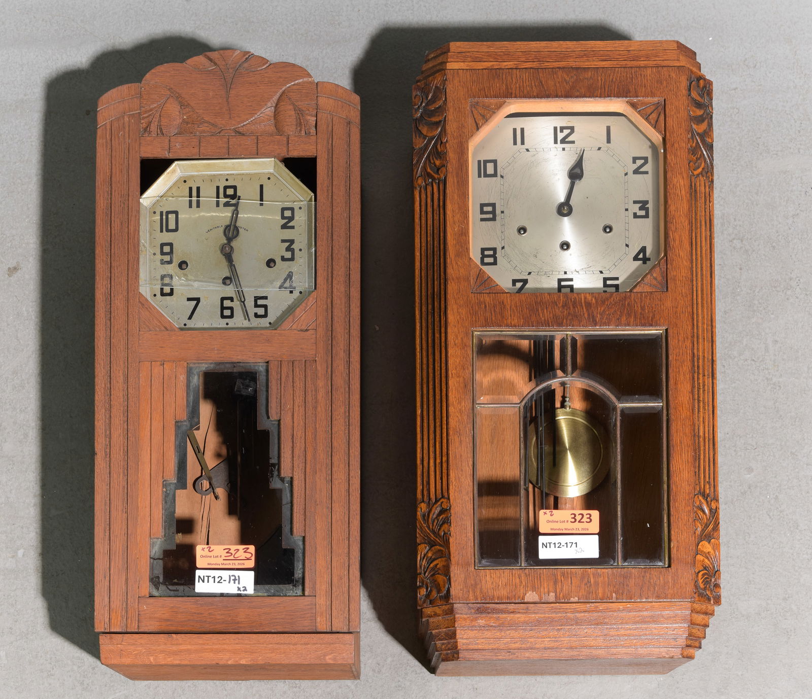 2 French Oak Cased Wall Clocks: 2 French Oak Cased Wall Clocks - 28 in tall x 14 x 7.5