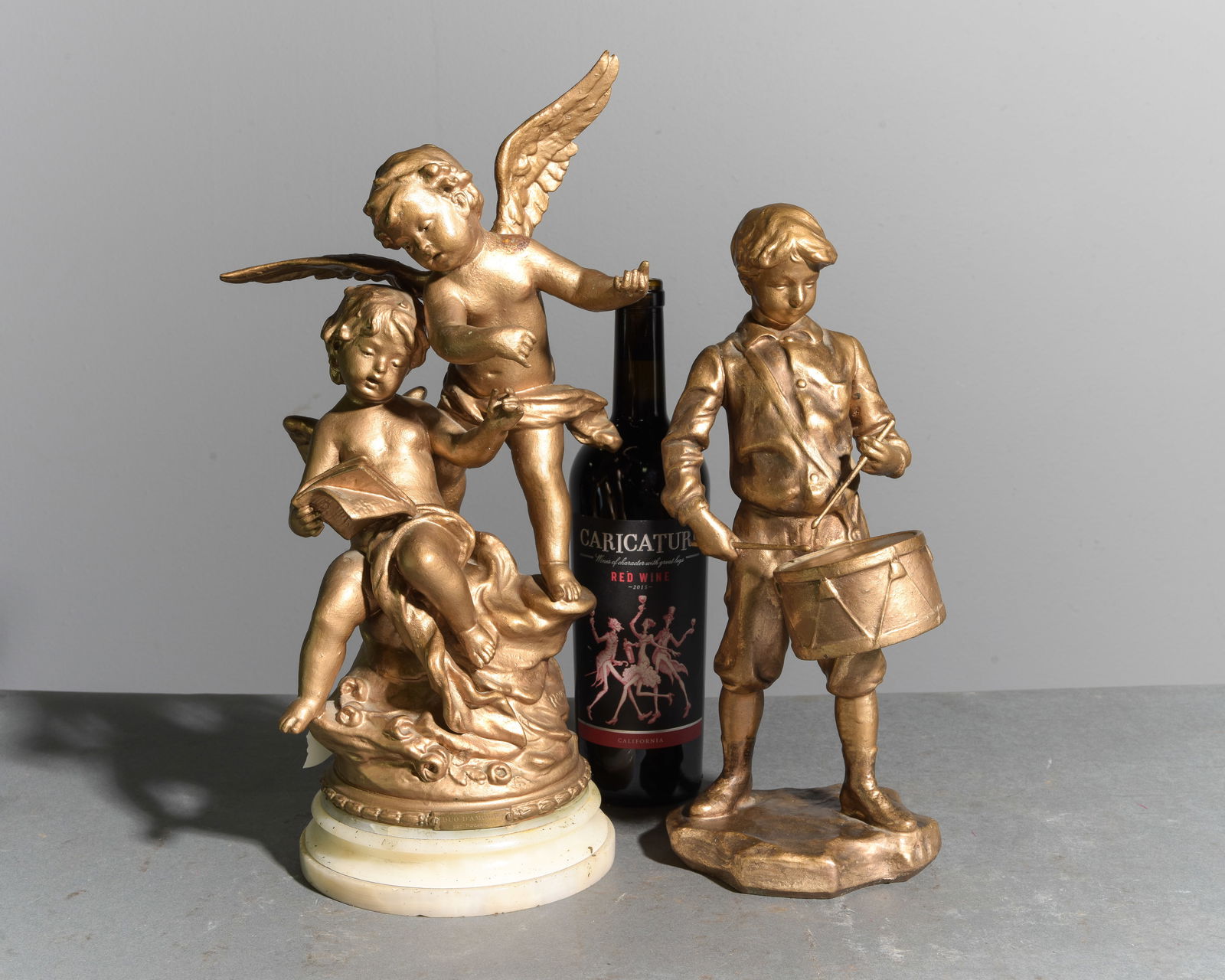 Double Cherub Figure on Marble Base & Drummer Boy: 2pcs - Double Cherub Figure on Marble Base & Drummer Boy - 16.5 in tall x 8 x 6.5 and 13.5 in tall x 6 x 4.5