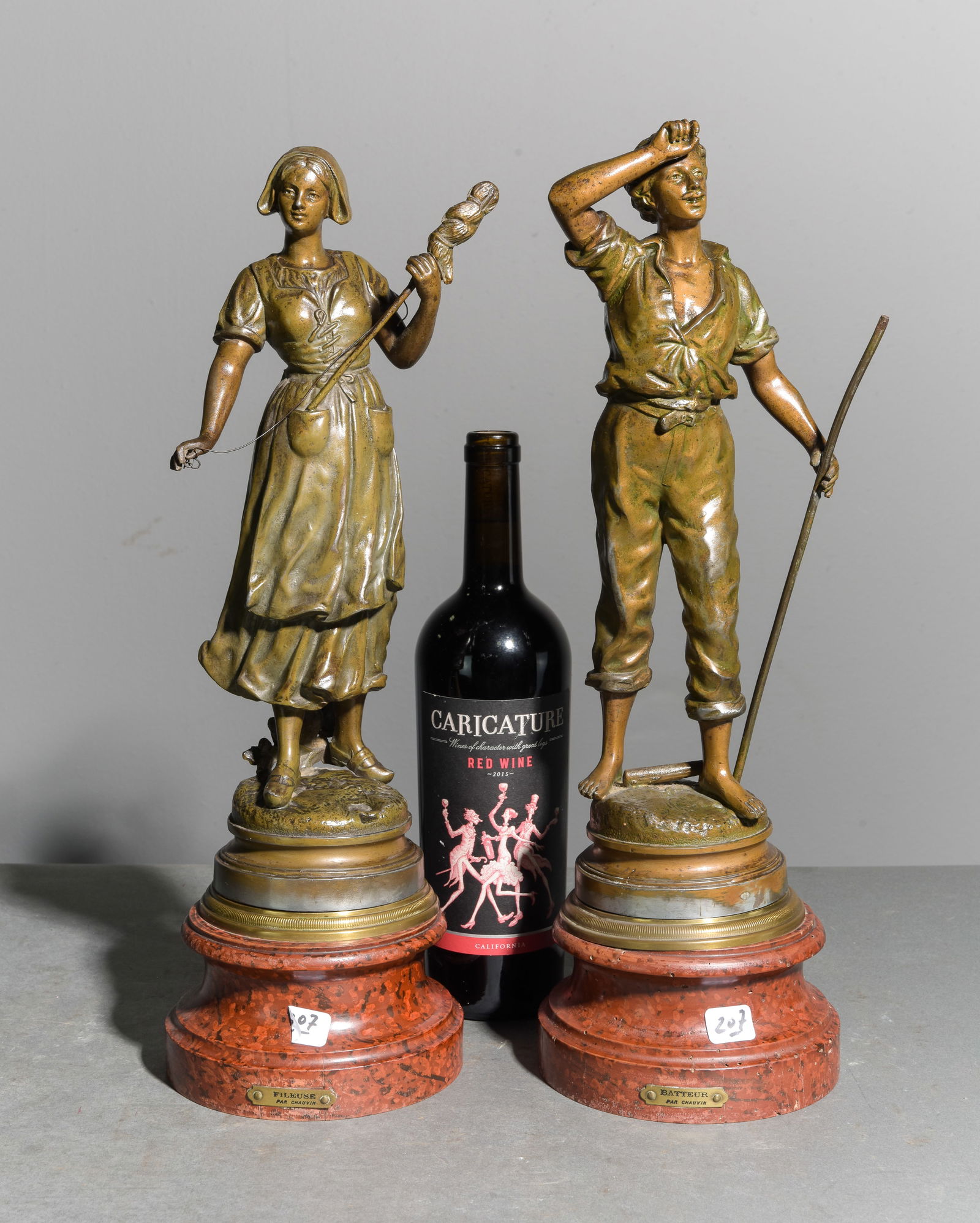 2 French Spelter Working Figures: 2 French Spelter Working Figures - "Batteur" and "Fileuse" - 17.5 in tall x 6 inch diameter and 17.25 in tall x 6 inch diameter