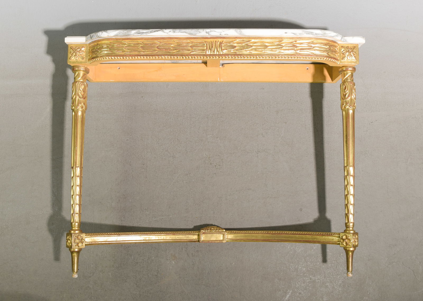 Louis XVI Style Gold Beech Wood Marble Top Console: French Louis XVI Style Gold Beech Wood Marble Top Console - 32.5 in tall x 40.5 x 12.5