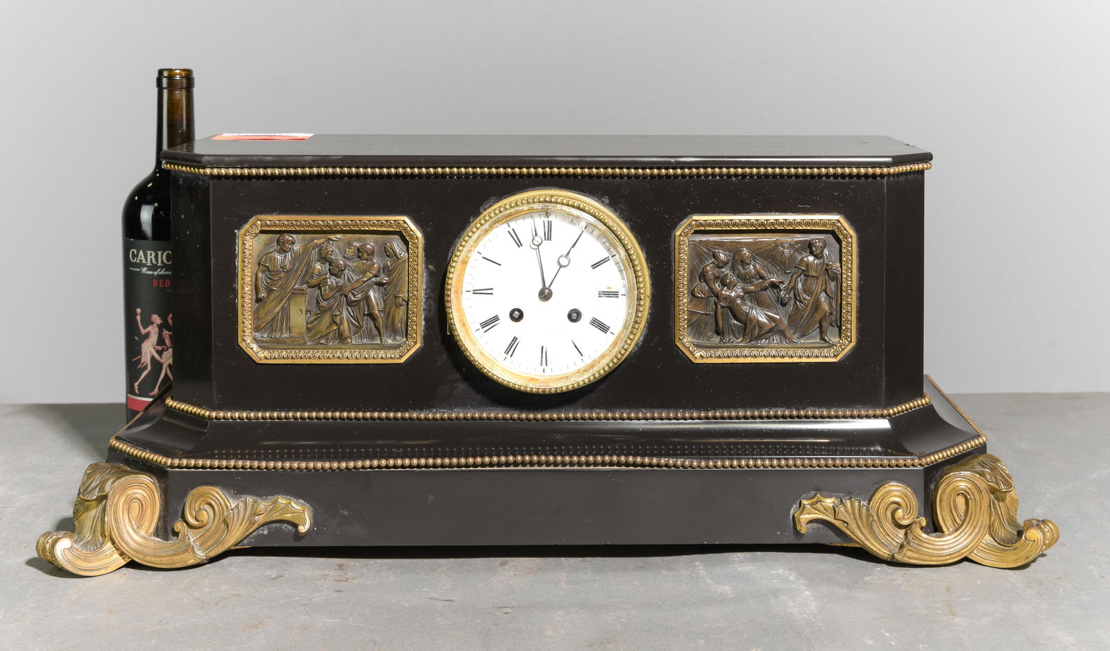 French Empire Style Marble Clock with Ormolu: French Empire Style Marble Clock with Ormolu - 9.5 in tall x 24 x 9.5