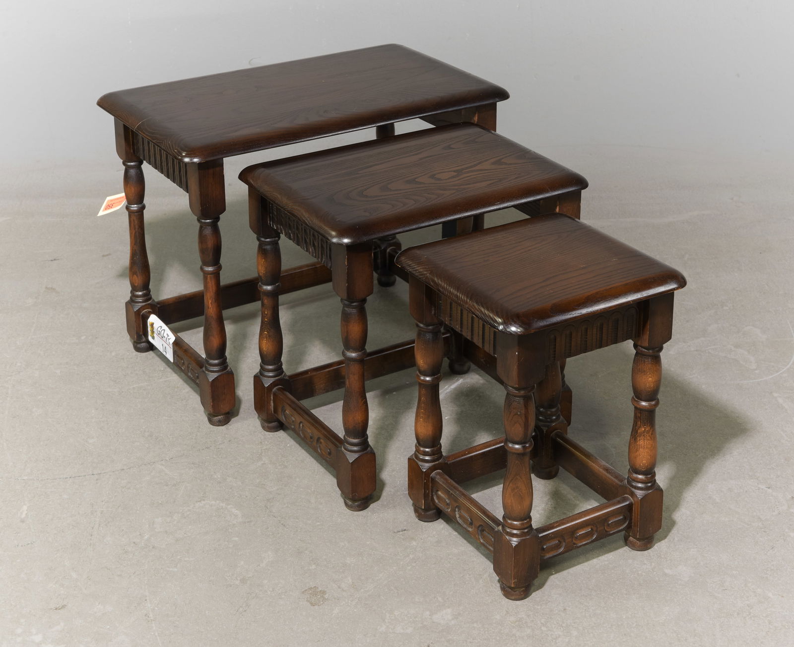 British Solid Oak Nest of 3 Tables: British Solid Oak Nest of 3 Tables - 19 in tall x 24.5 x 15.5, 17.5 in tall x 18 x 13.5 and 16.5 in tall x 12 x 12.5