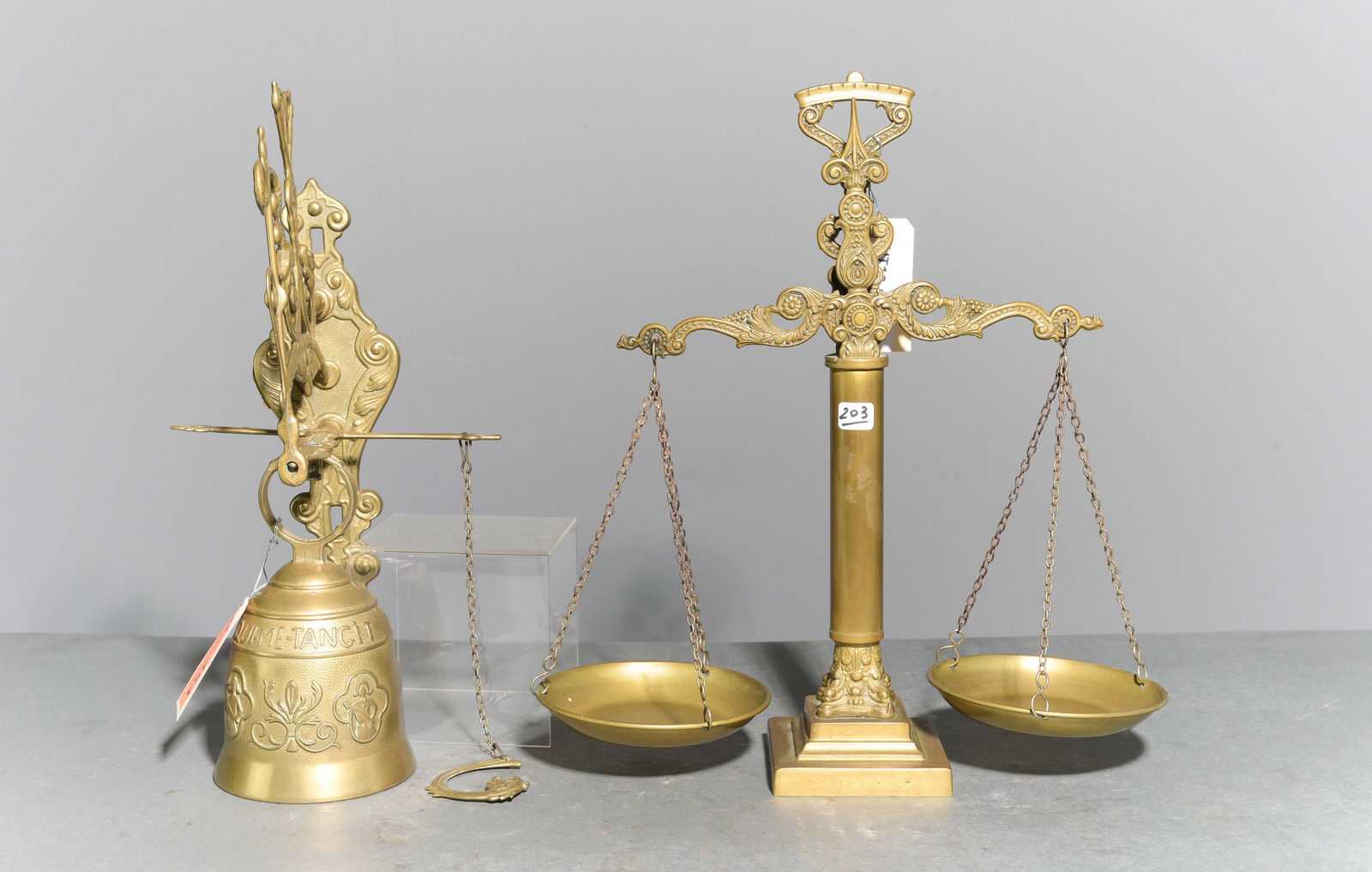 2pcs - Brass Scales of Justice & Brass Bell: 2pcs - Brass Scales of Justice & Brass Bell - Scale is 16.5 in tall x 14 x 6