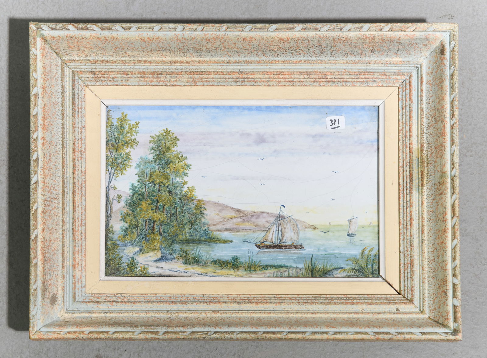 Framed Hand Painted Tile Art - Coastal Scene: Framed Hand Painted Tile Art - Coastal Scene - 15 in tall x 19 x 3.5