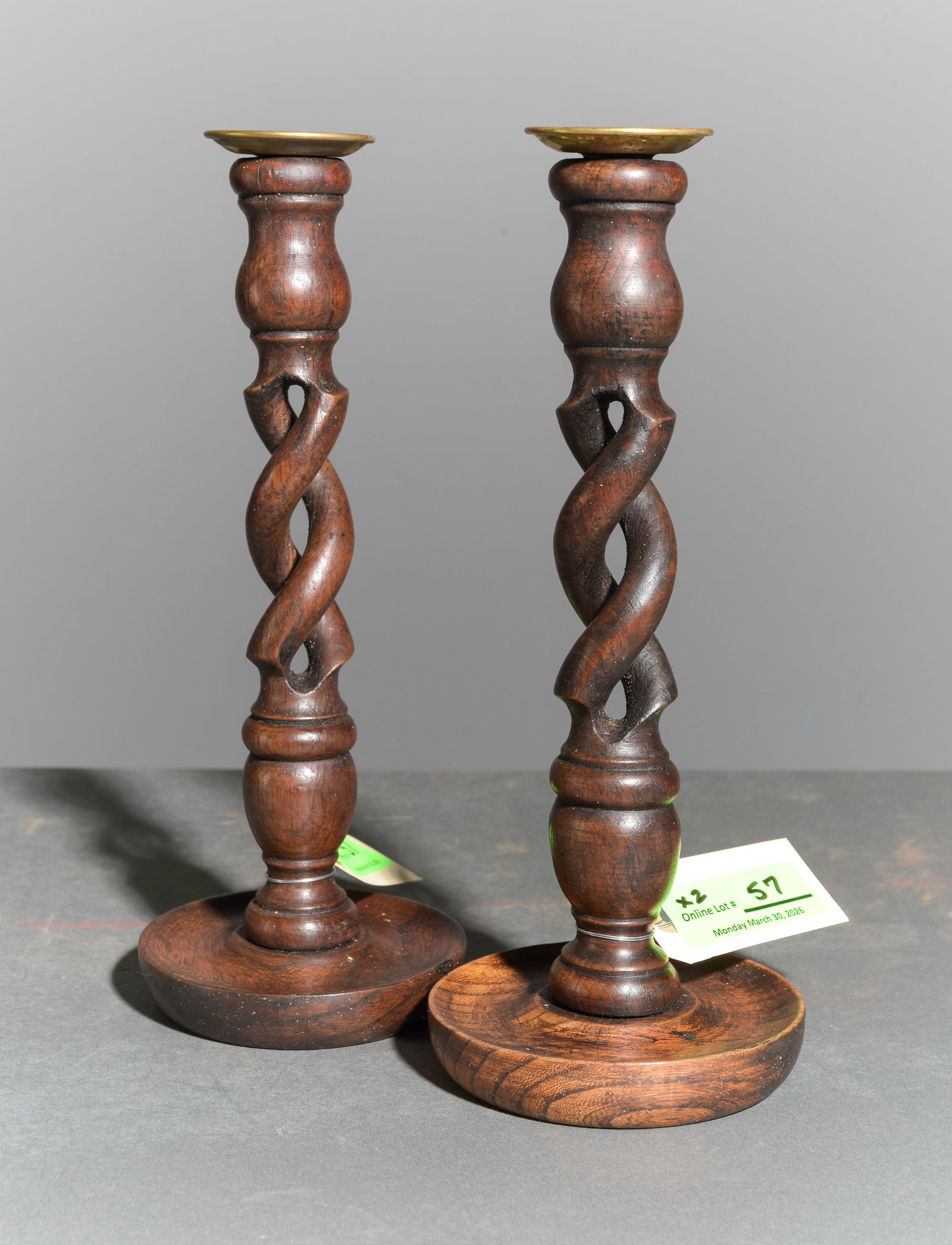 British Oak Open Barley Twist Pair of Candlesticks (1 of 3)