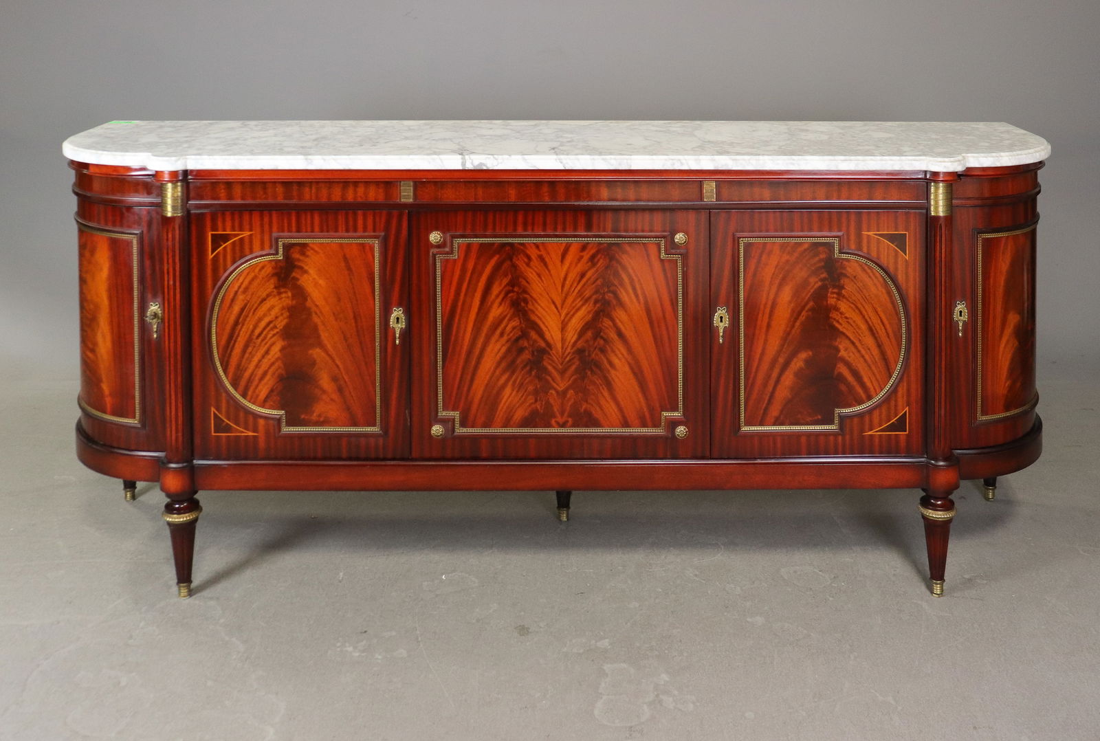 French Louis XVI Style Marble Top Mahogany Sideboard: French Louis XVI Style Marble Top Mahogany Sideboard with Curved Sides - 39.5 in tall x 92 x 22.5