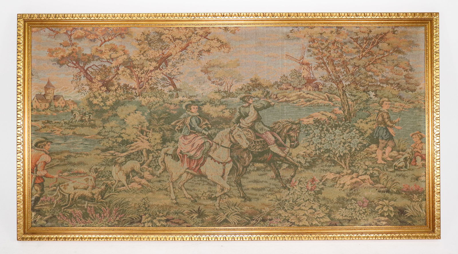French Style Tapestry in Gold Tone Frame: French Style Tapestry in Gold Tone Frame - 43 in tall x 79.5 x 1.5