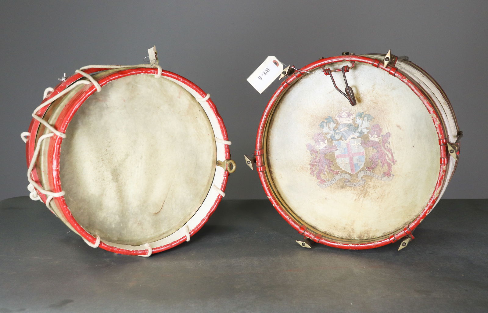 Two Vintage British Drums: Two Vintage British Drums - largest is 9 in tall x 15.5 , smallest it 8.5 in tall x 14.5