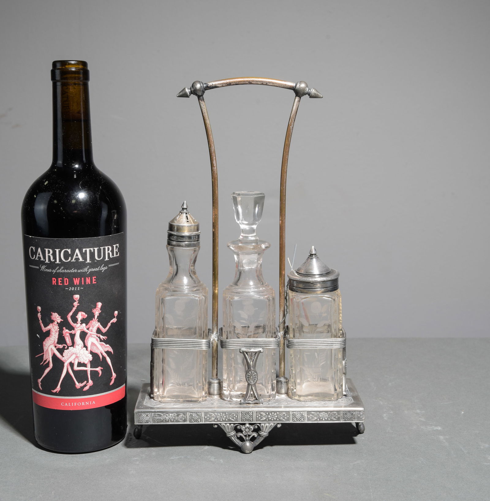 James W. Tufts Quadruple Plated Cruet Set: James W. Tufts Quadruple Plated American Cruet Set - Boston - 11 in tall x 7 x 3